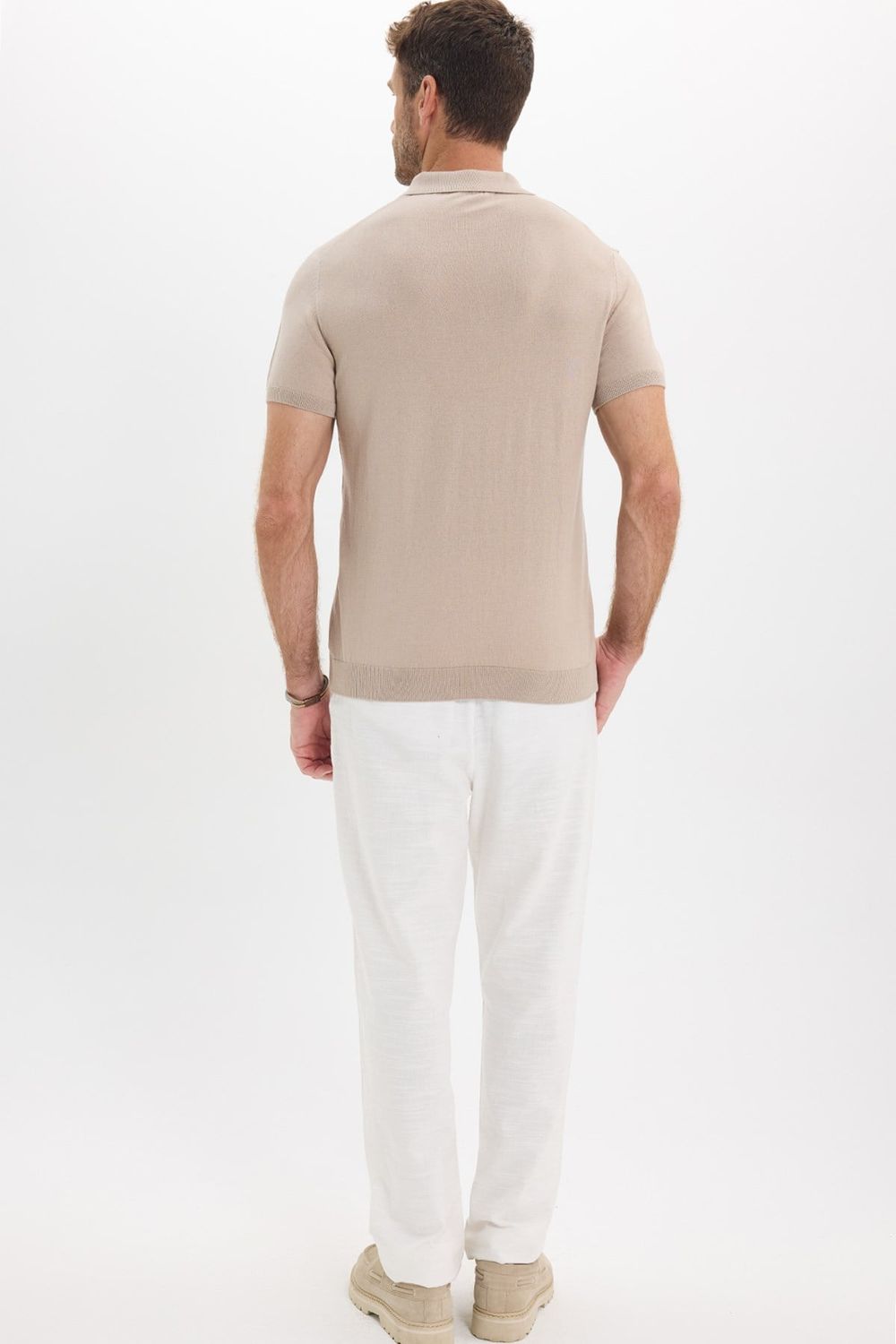 Erkek Slim Fit Dar Kesim %100 Pamuk Örme Triko Fermuarlı Füme Polo Yaka Tişört