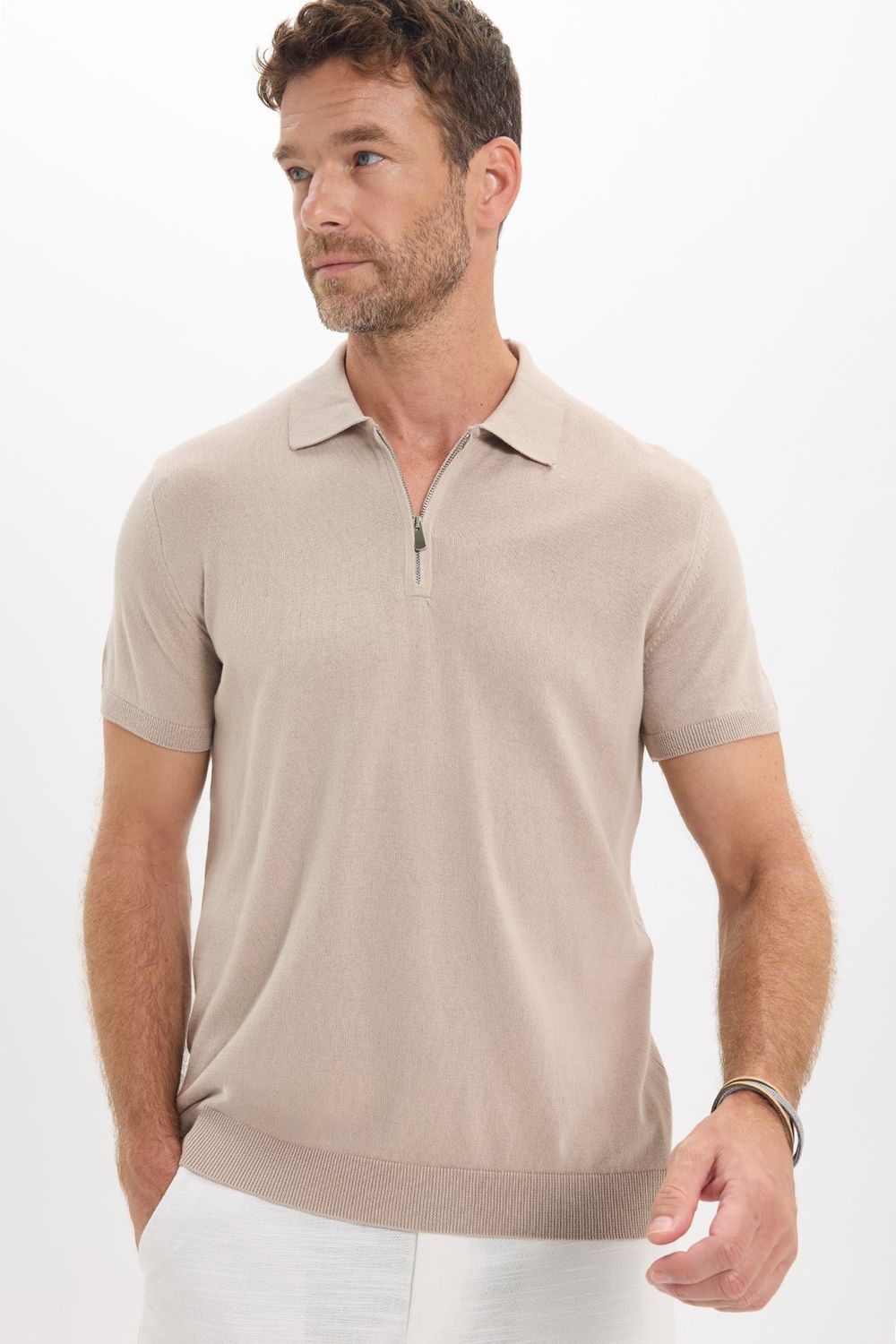 Erkek Slim Fit Dar Kesim %100 Pamuk Örme Triko Fermuarlı Füme Polo Yaka Tişört