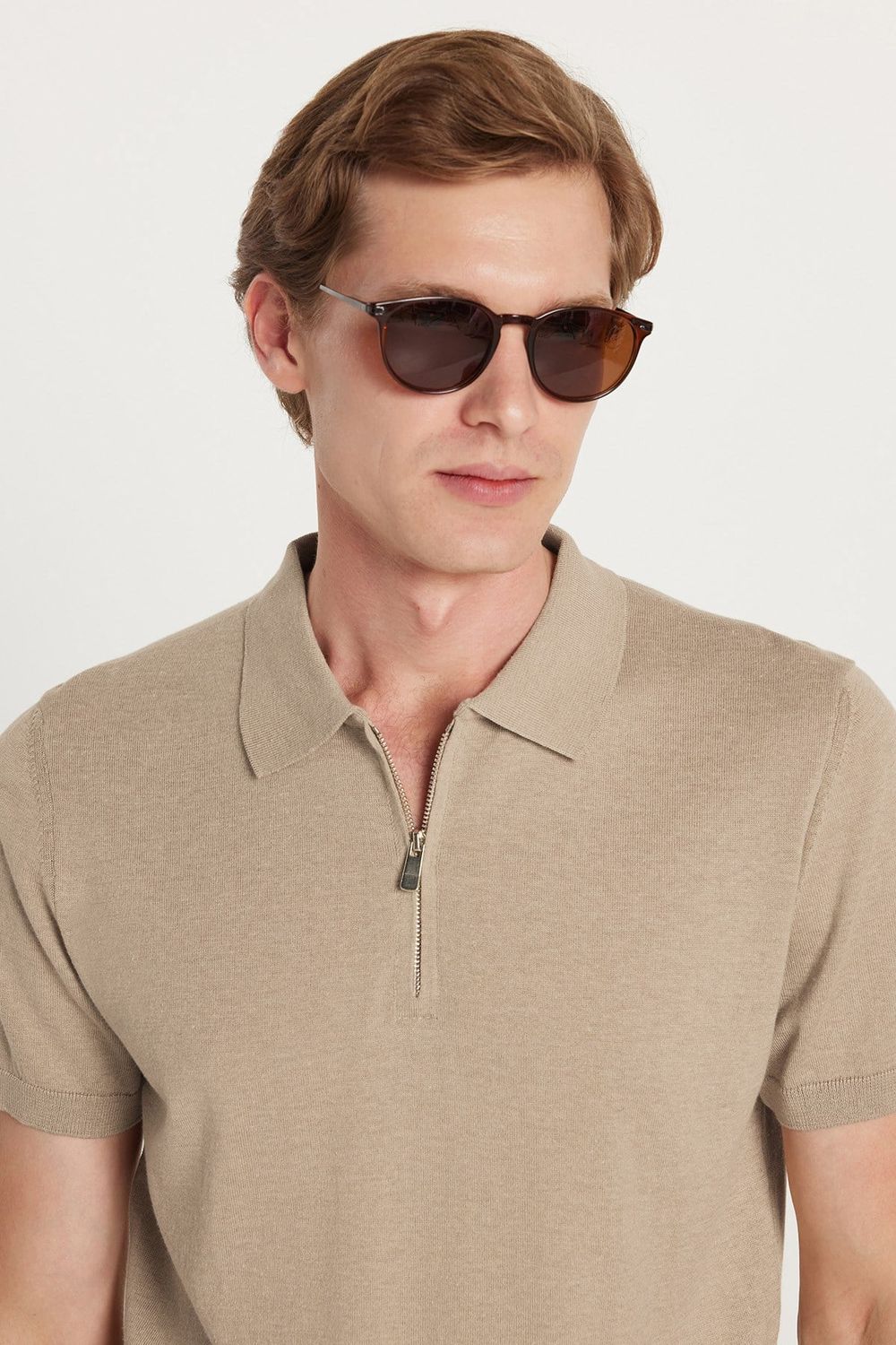 SLIM FIT KNITTED T-SHIRT POLO NECK HALF ZIPPER  TİŞÖRT