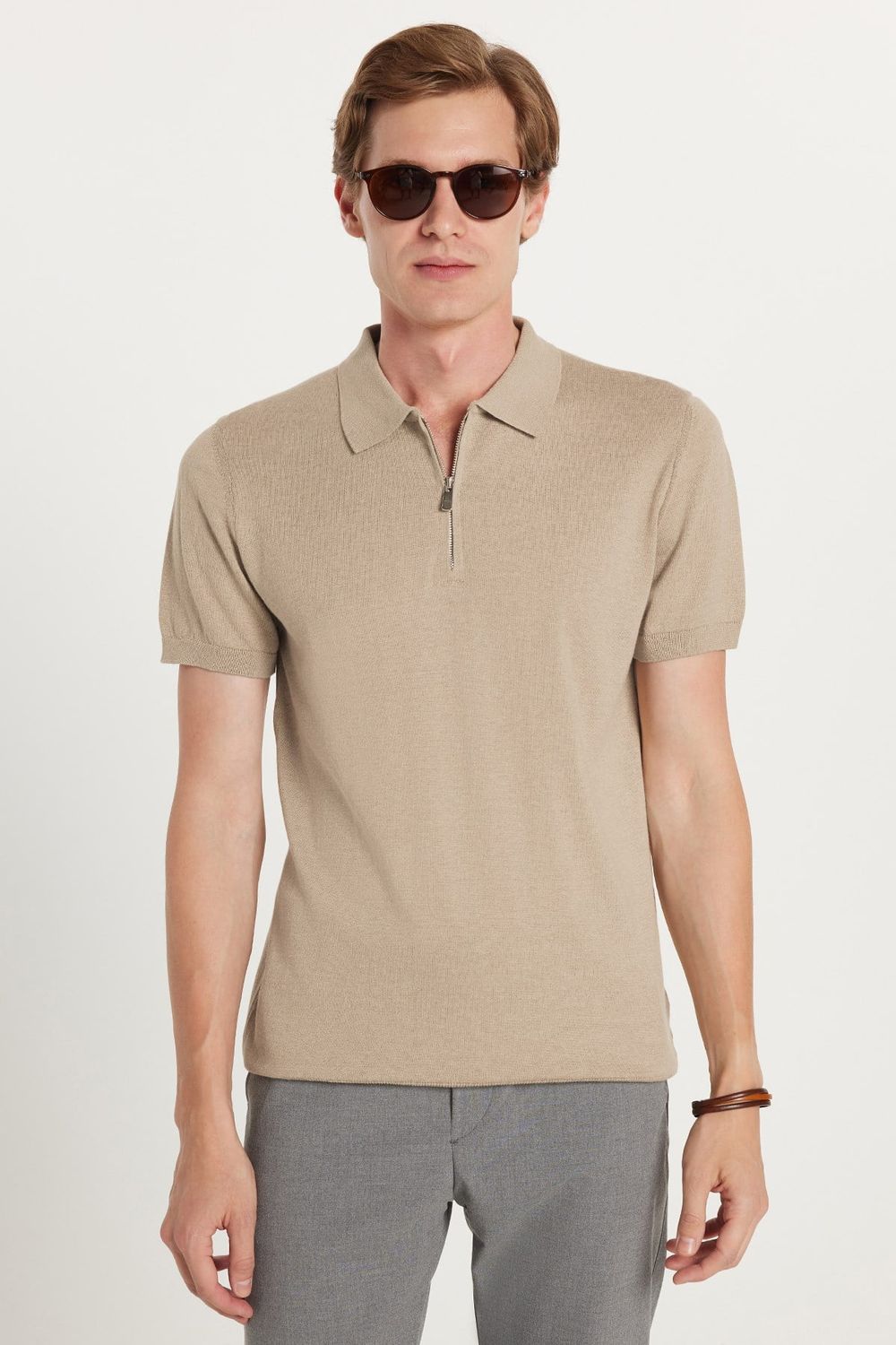 SLIM FIT KNITTED T-SHIRT POLO NECK HALF ZIPPER  TİŞÖRT