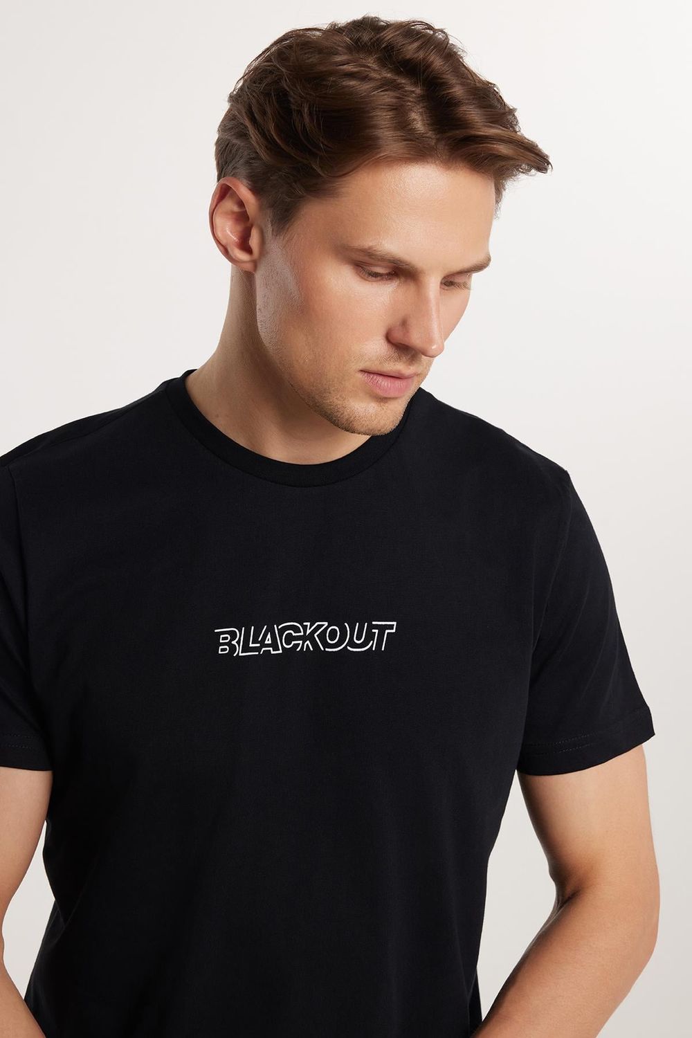 Erkek Slim Fit Dar Kesim %100 Pamuk Yumuşak Dokulu Baskılı Siyah Bisiklet Yaka Tişört
