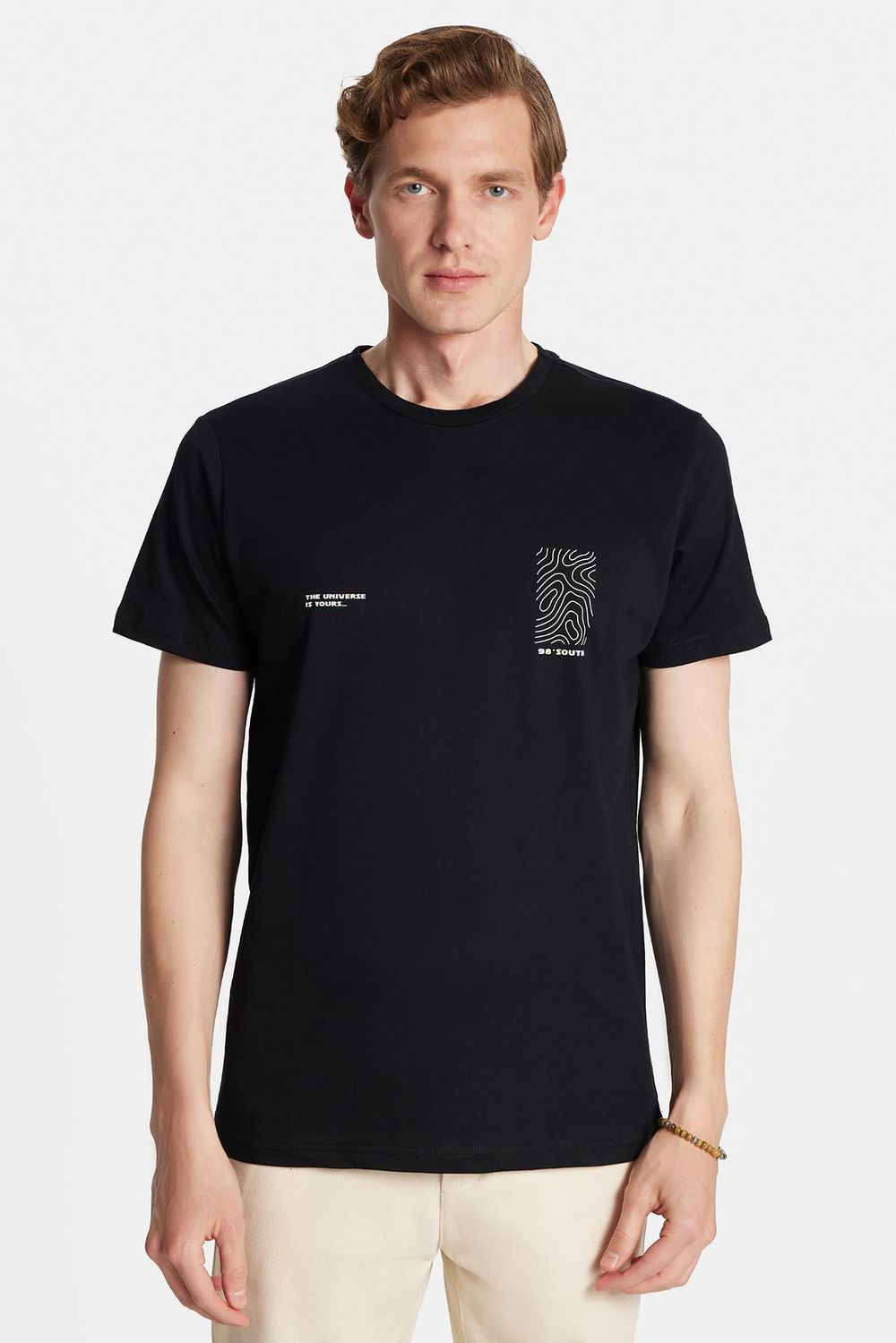Erkek Slim Fit Dar Kesim %100 Pamuk Yumuşak Dokulu Baskılı Siyah Bisiklet Yaka Tişört
