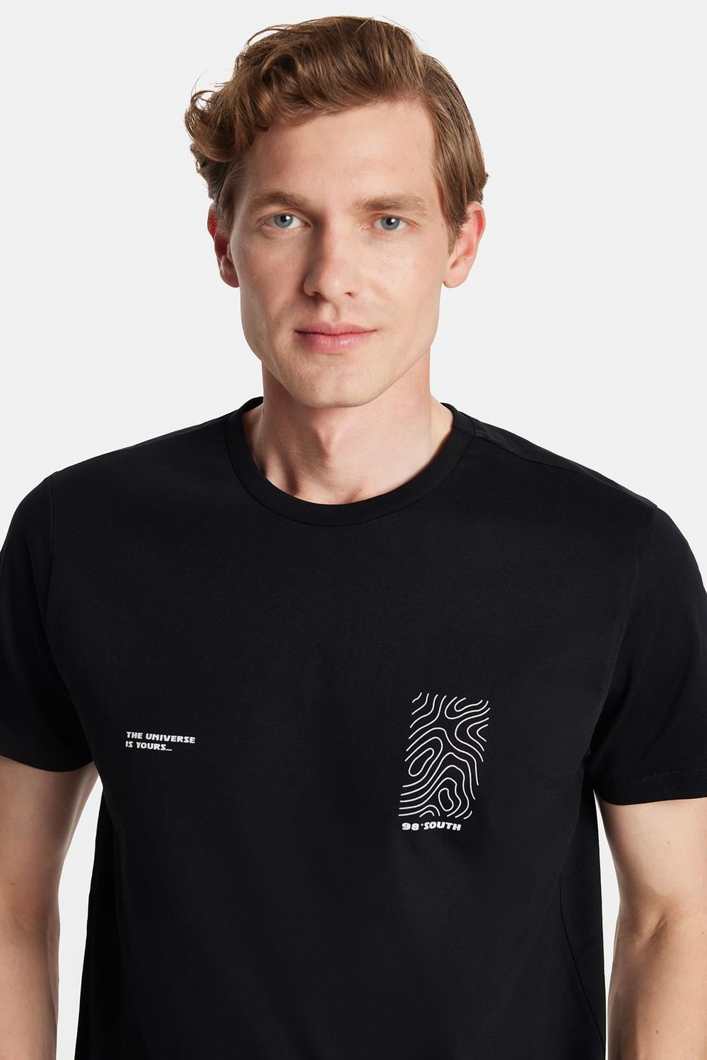 Erkek Slim Fit Dar Kesim %100 Pamuk Yumuşak Dokulu Baskılı Siyah Bisiklet Yaka Tişört