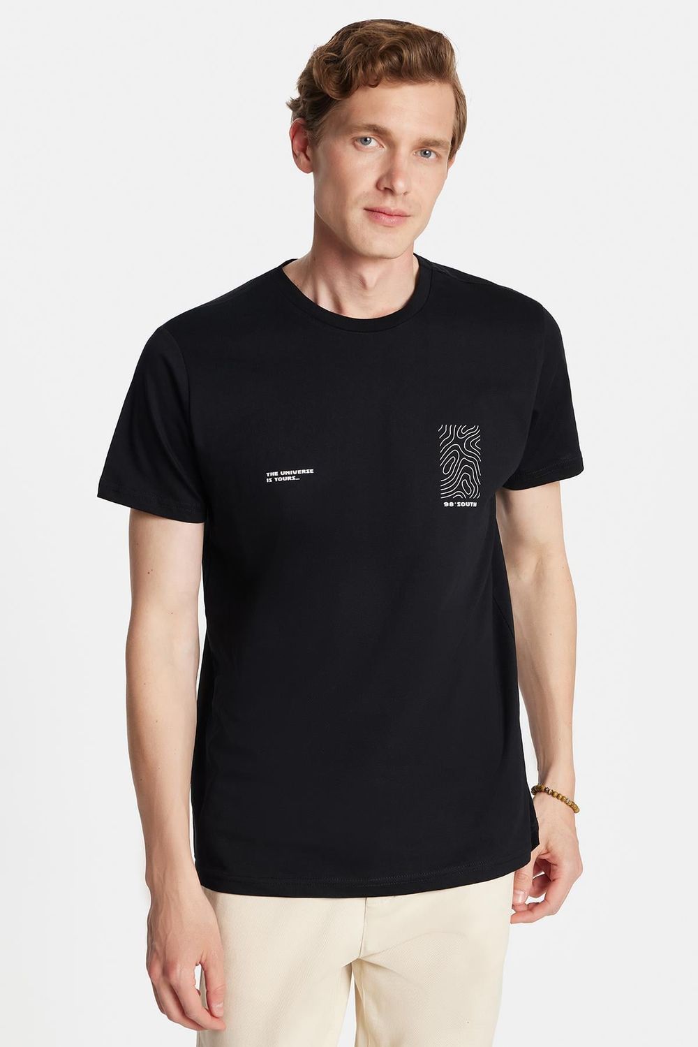 Erkek Slim Fit Dar Kesim %100 Pamuk Yumuşak Dokulu Baskılı Siyah Bisiklet Yaka Tişört