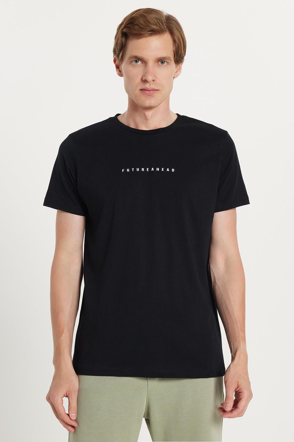 Erkek Slim Fit Dar Kesim %100 Pamuk Yumuşak Dokulu Baskılı Siyah Bisiklet Yaka Tişört