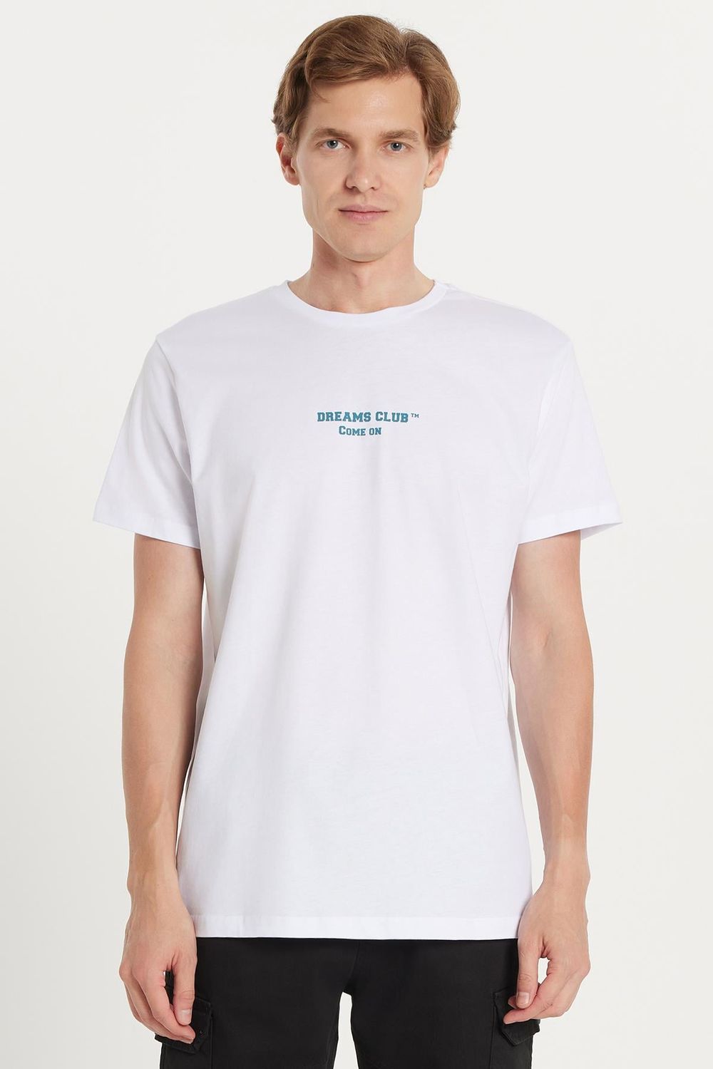 Erkek Slim Fit Dar Kesim %100 Pamuk Yumuşak Dokulu Baskılı Beyaz Bisiklet Yaka Tişört