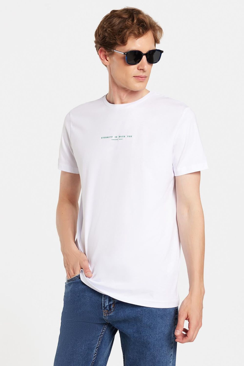 Erkek Slim Fit Dar Kesim %100 Pamuk Yumuşak Dokulu Baskılı Beyaz Bisiklet Yaka Tişört