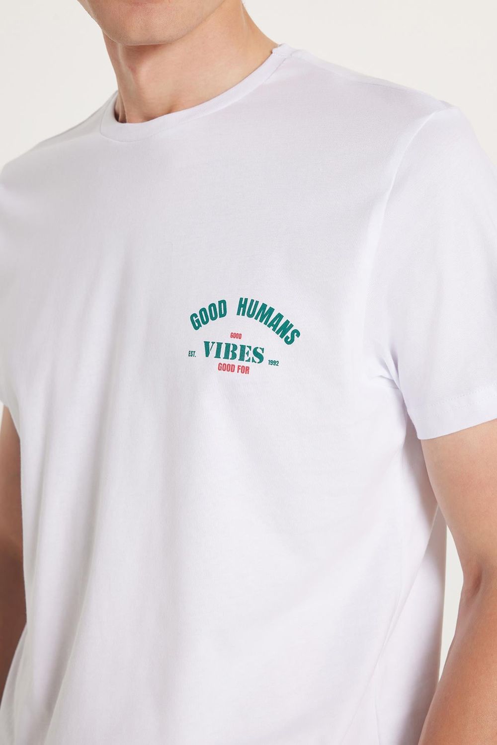 Erkek Slim Fit Dar Kesim %100 Pamuk Yumuşak Dokulu Baskılı Beyaz Bisiklet Yaka Tişört