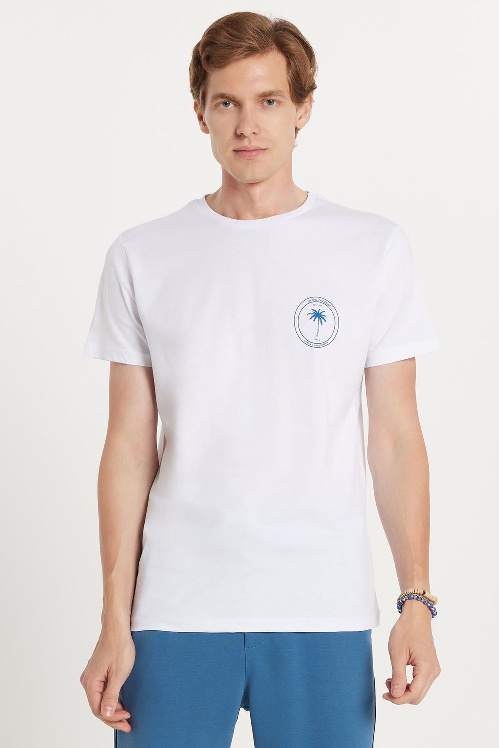 Erkek Slim Fit Dar Kesim %100 Pamuk Yumuşak Dokulu Baskılı Beyaz Bisiklet Yaka Tişört