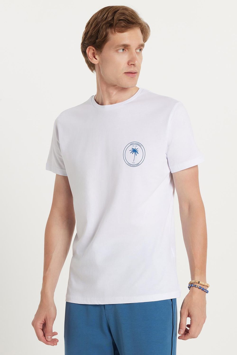 Erkek Slim Fit Dar Kesim %100 Pamuk Yumuşak Dokulu Baskılı Beyaz Bisiklet Yaka Tişört