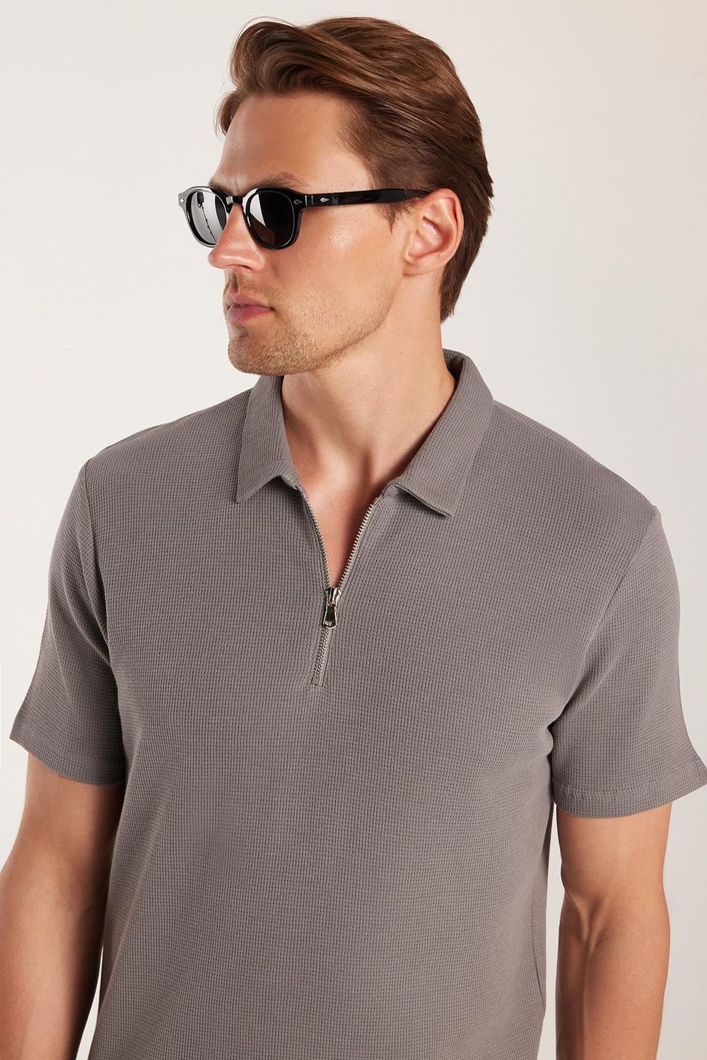SLIM FIT  T-SHIRT HALF ZIPPER WAFFLE  TİŞÖRT