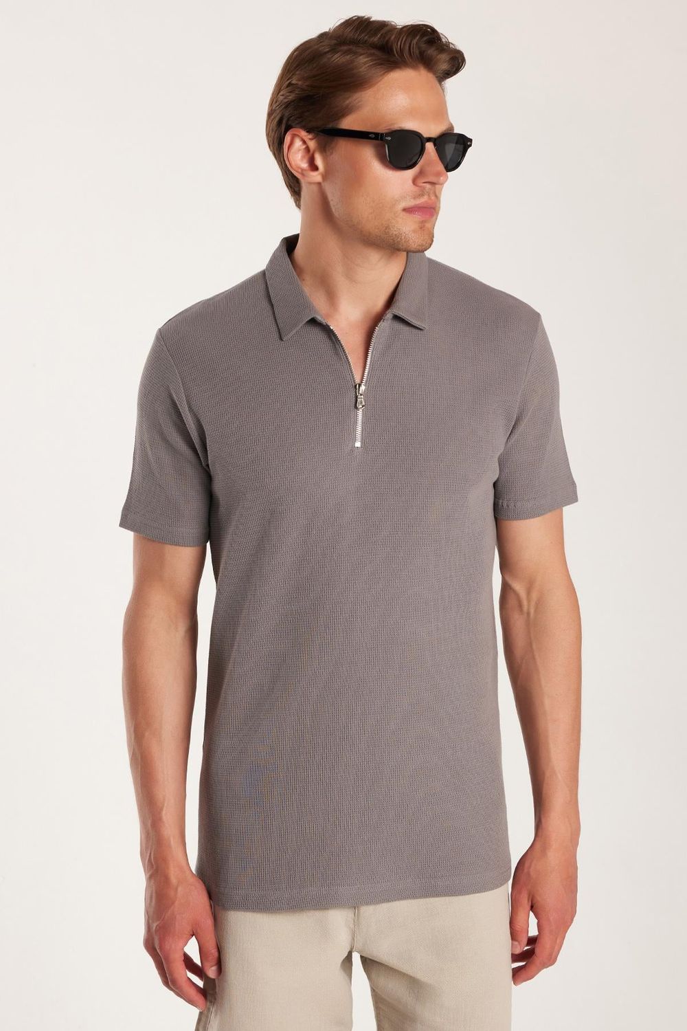 SLIM FIT  T-SHIRT HALF ZIPPER WAFFLE  TİŞÖRT