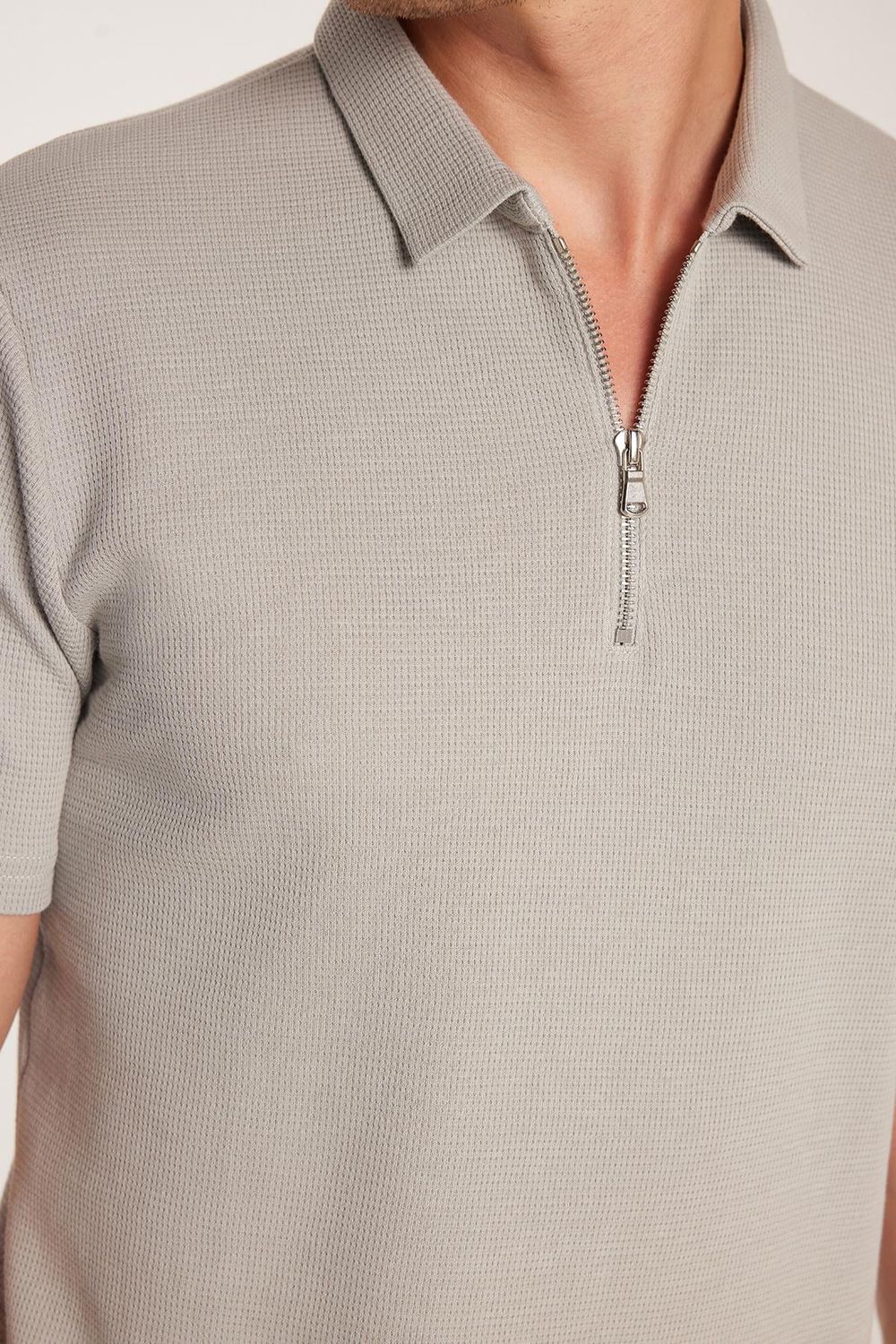 SLIM FIT  T-SHIRT HALF ZIPPER WAFFLE  TİŞÖRT