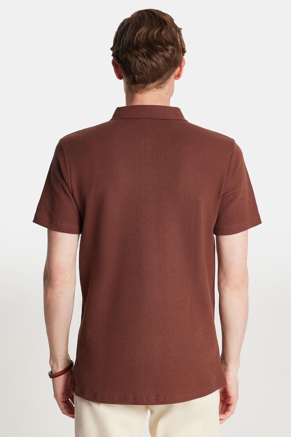 Erkek Slim Fit Dar Kesim %100 Pamuk Fermuarlı Kahverengi Polo Yaka Tişört