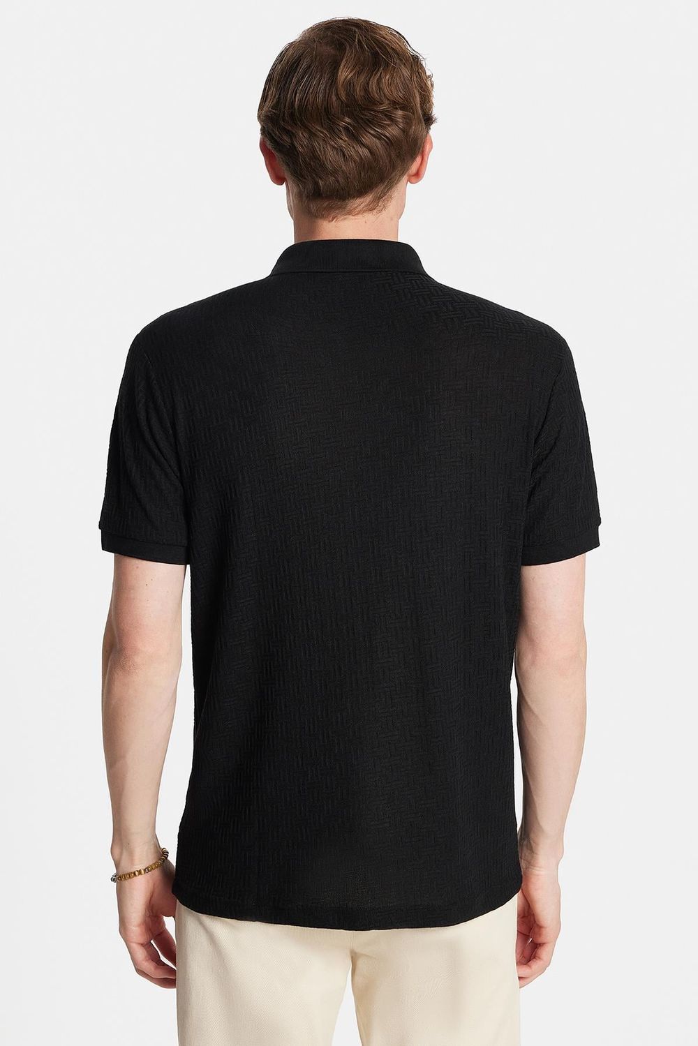 Erkek Slim Fit Dar Kesim Viskon Kumaş Desenli Düz Pike Düğmesiz Siyah Polo Yaka Tişört