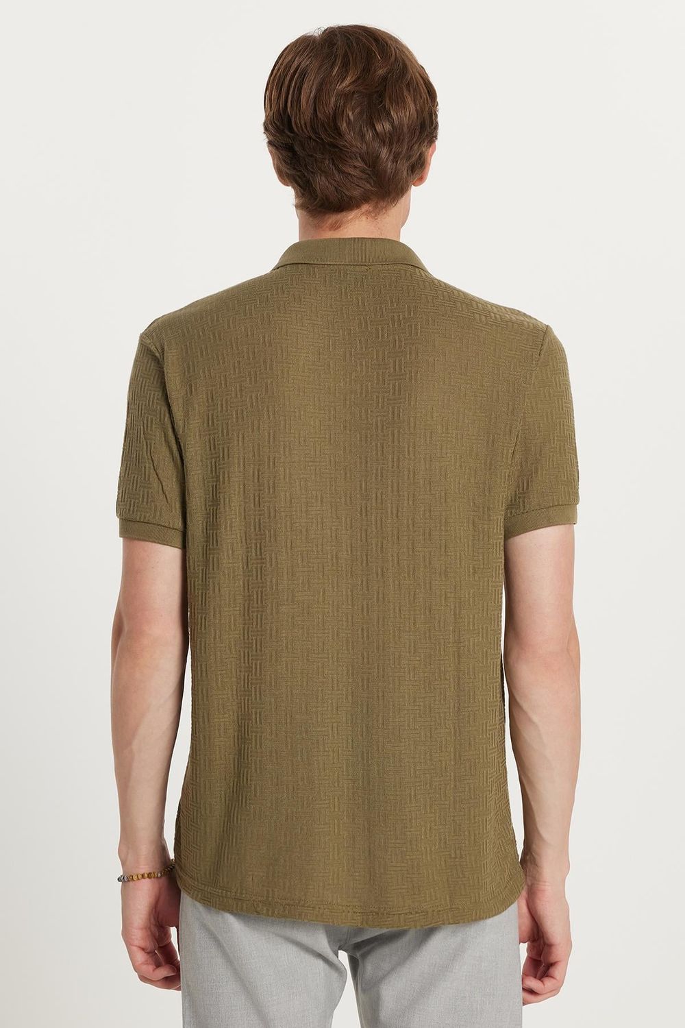 Erkek Slim Fit Dar Kesim Viskon Kumaş Desenli Düz Pike Düğmesiz Haki Polo Yaka Tişört
