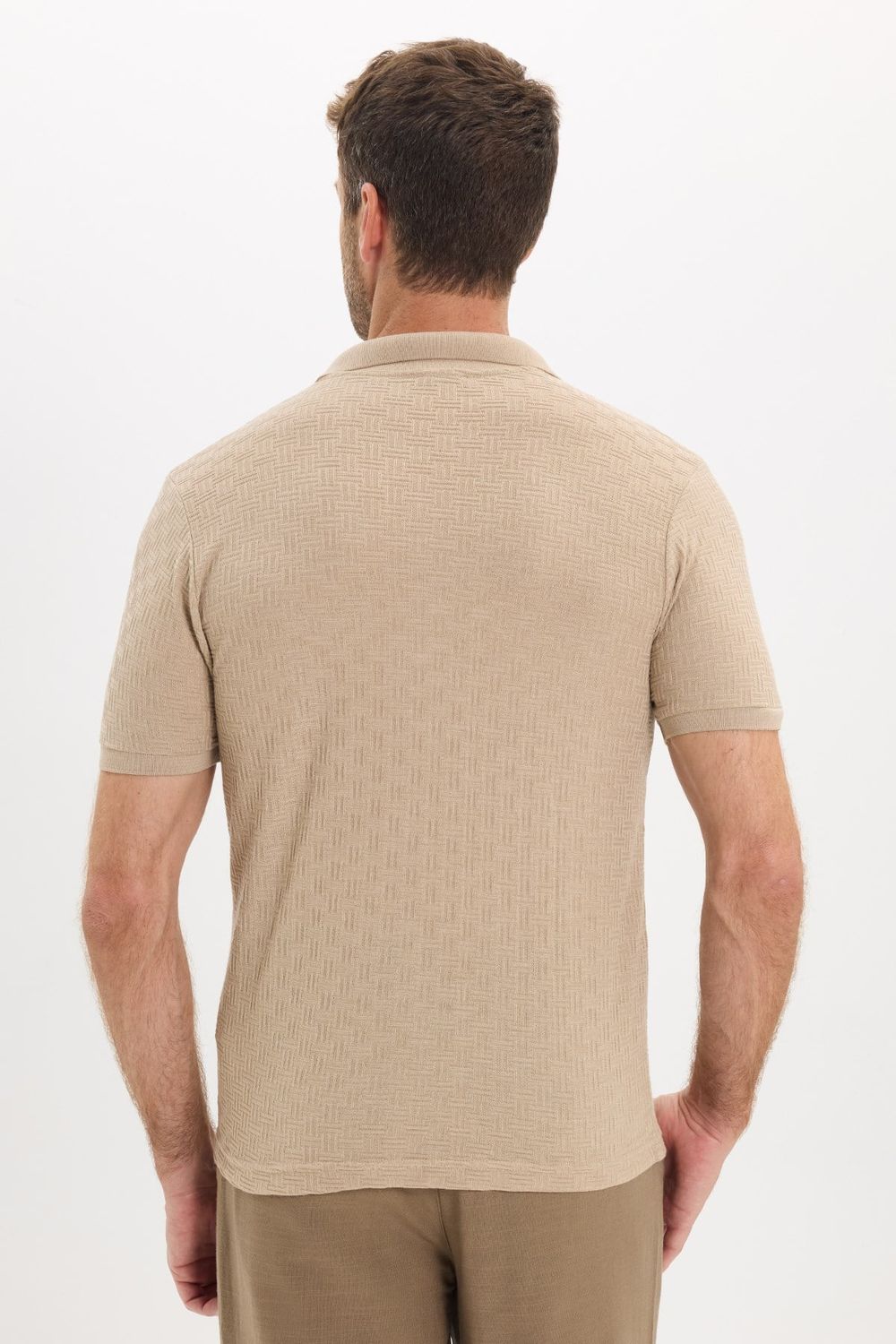 Erkek Slim Fit Dar Kesim Viskon Kumaş Desenli Düz Pike Düğmesiz Vizon Polo Yaka Tişört