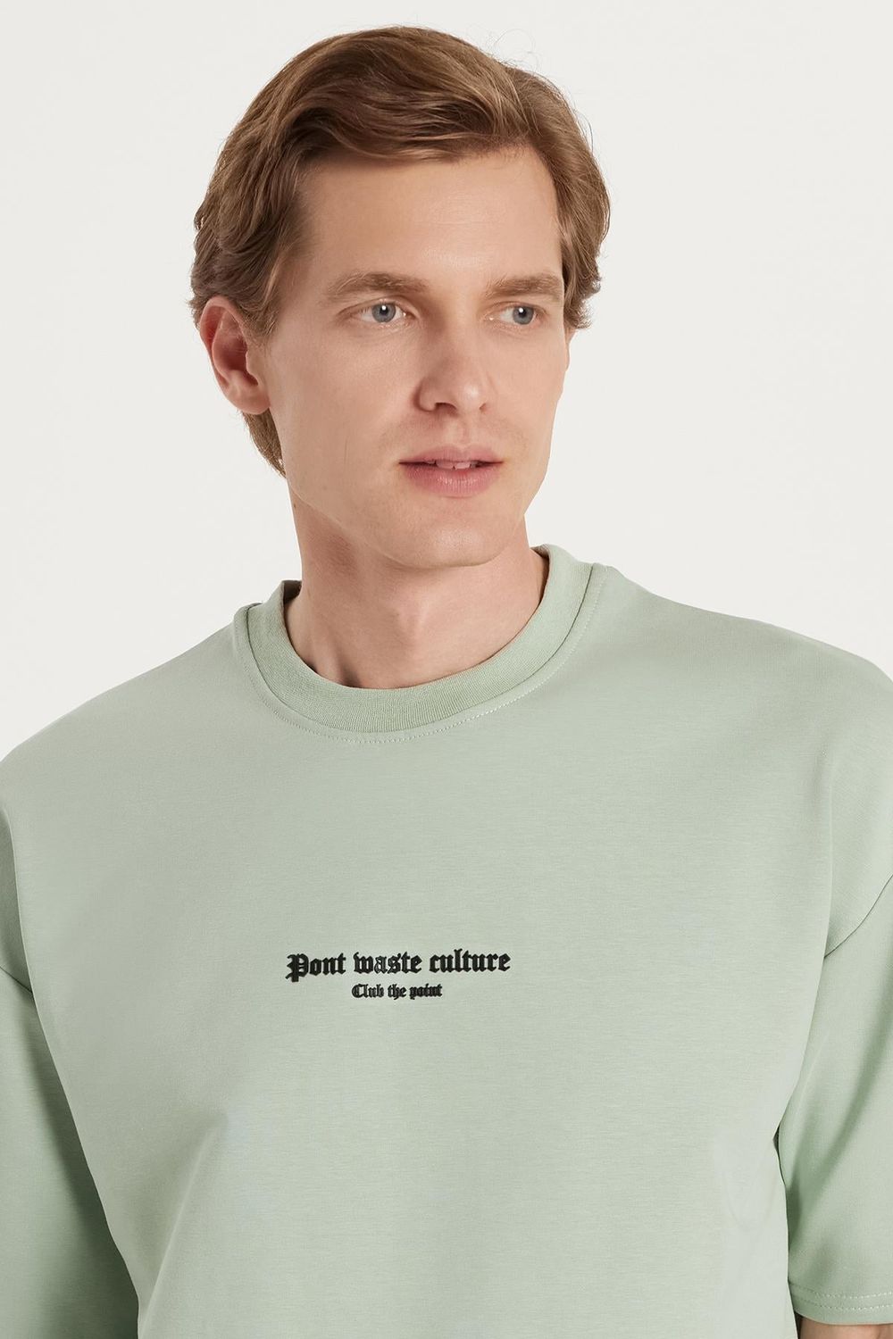 Erkek Oversize Geniş Kesim Pamuklu Baskılı Bisiklet Yaka Mint Tişört