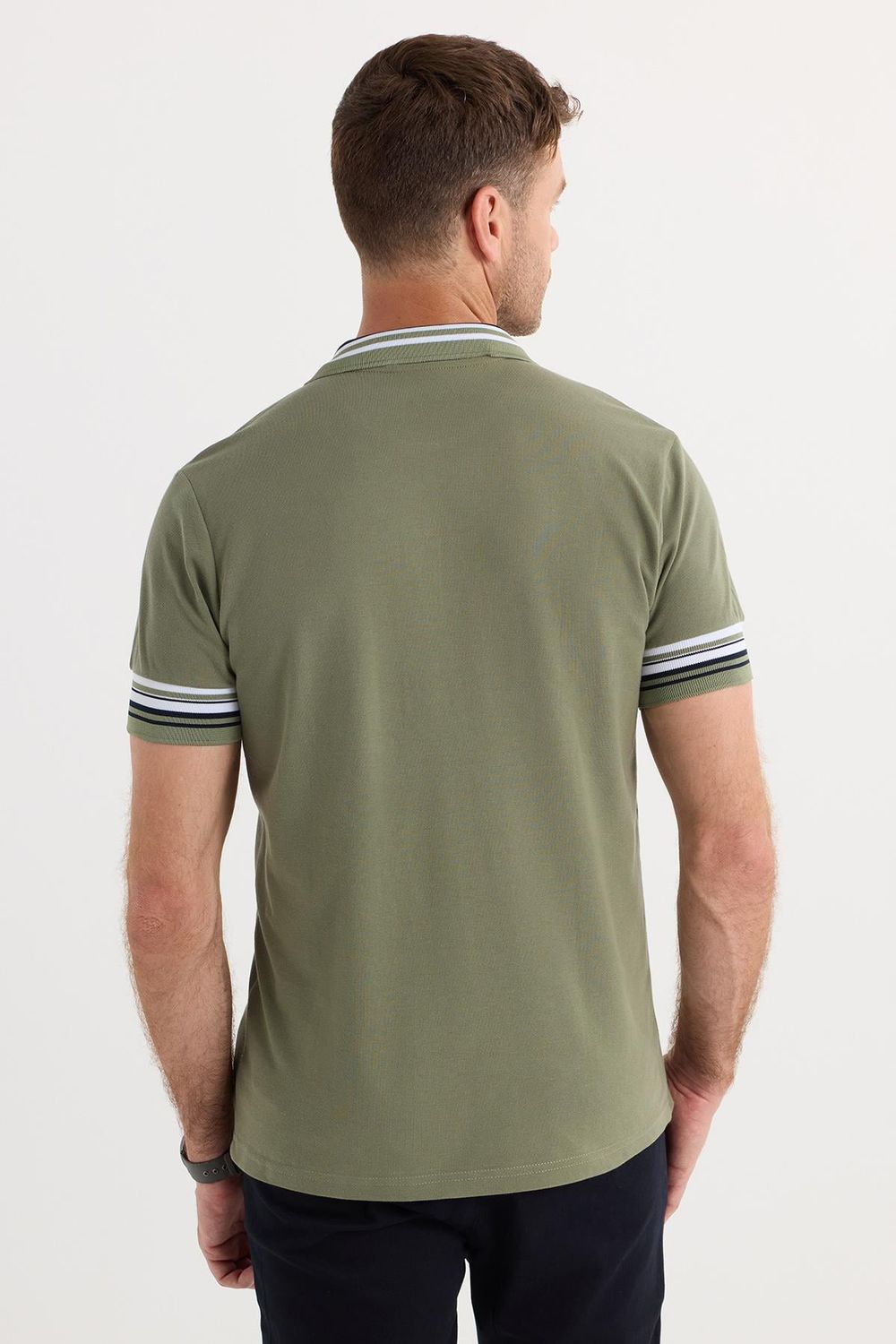 Erkek Slim Fit Dar Kesim %100 Pamuk Düz Pike Yaka ve Kol Detaylı Haki Polo Yaka Tişört