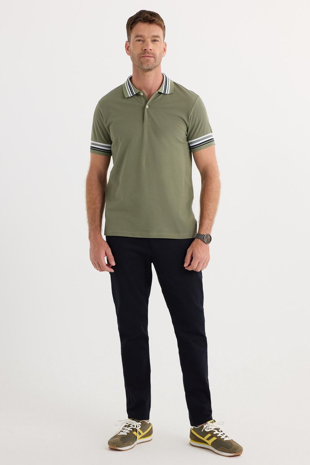 Erkek Slim Fit Dar Kesim %100 Pamuk Düz Pike Yaka ve Kol Detaylı Haki Polo Yaka Tişört