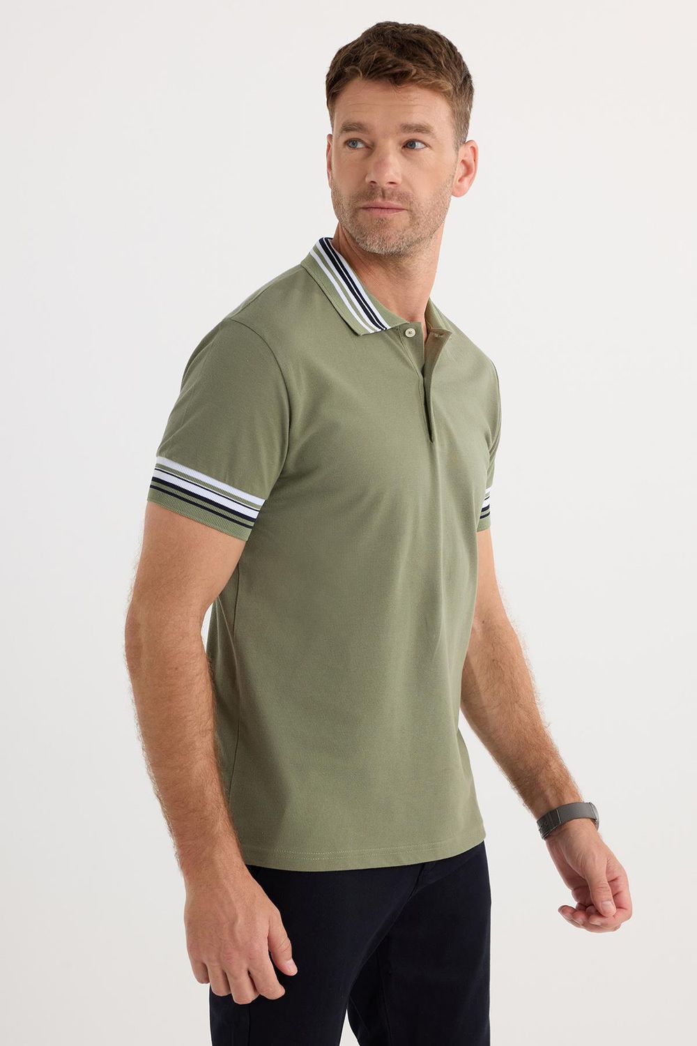 Erkek Slim Fit Dar Kesim %100 Pamuk Düz Pike Yaka ve Kol Detaylı Haki Polo Yaka Tişört