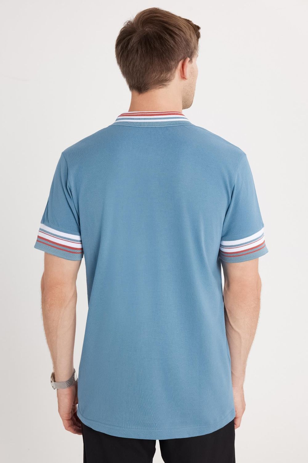 Erkek Slim Fit Dar Kesim %100 Pamuk Düz Pike Yaka ve Kol Detaylı İndigo Polo Yaka Tişört