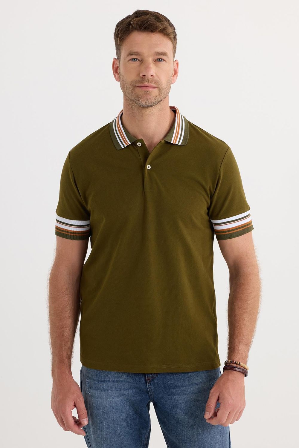 Erkek Slim Fit Dar Kesim %100 Pamuk Düz Pike Yaka ve Kol Detaylı Koyu Haki Polo Yaka Tişört