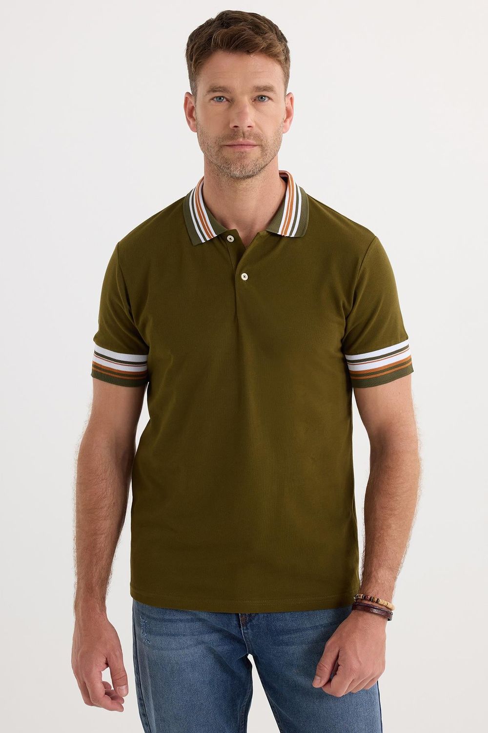Erkek Slim Fit Dar Kesim %100 Pamuk Düz Pike Yaka ve Kol Detaylı Koyu Haki Polo Yaka Tişört
