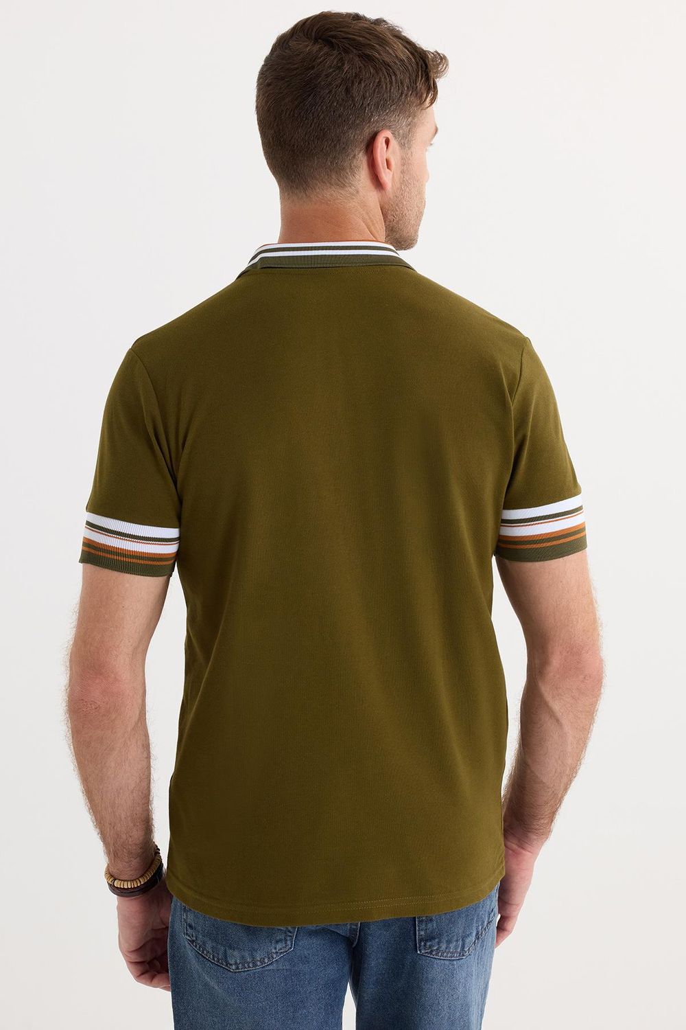 Erkek Slim Fit Dar Kesim %100 Pamuk Düz Pike Yaka ve Kol Detaylı Koyu Haki Polo Yaka Tişört