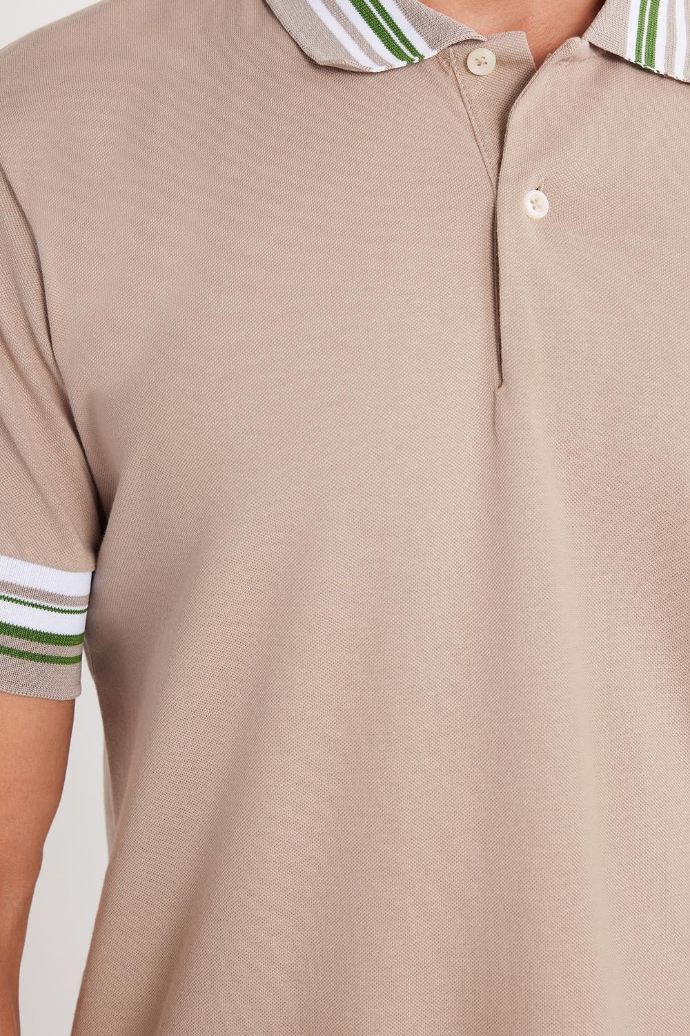Erkek Slim Fit Dar Kesim %100 Pamuk Düz Pike Yaka ve Kol Detaylı Bej Polo Yaka Tişört