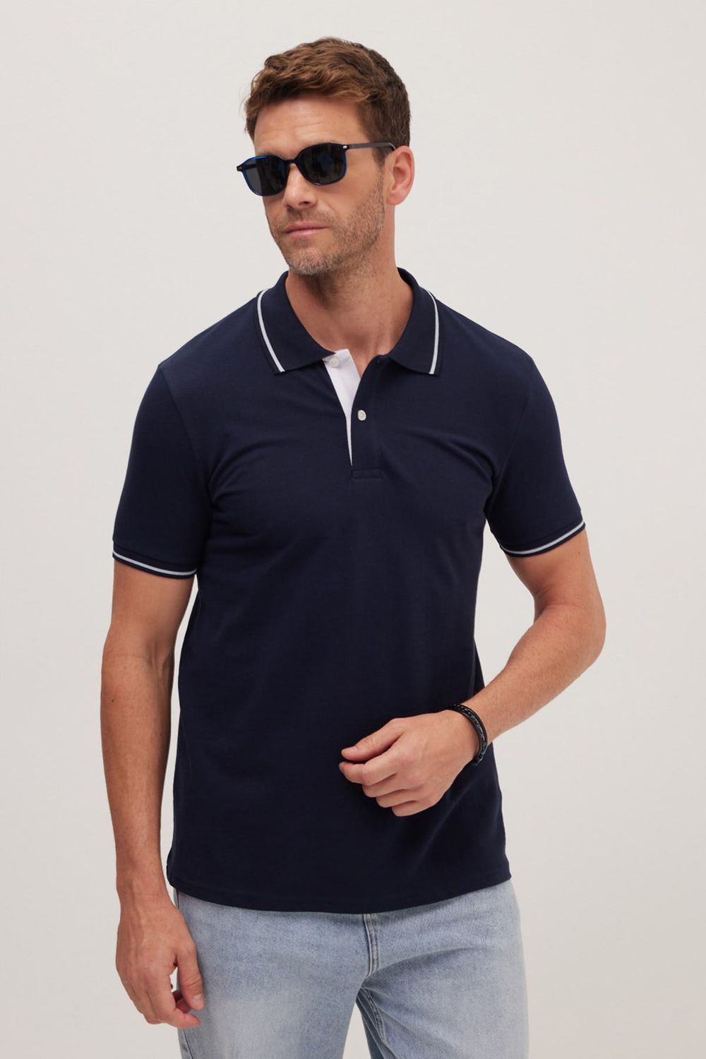 Erkek Slim Fit Dar Kesim %100 Pamuk Yumuşak Dokulu Serin Tutan Kumaş Düz Pike Lacivert Polo Yaka Tişört