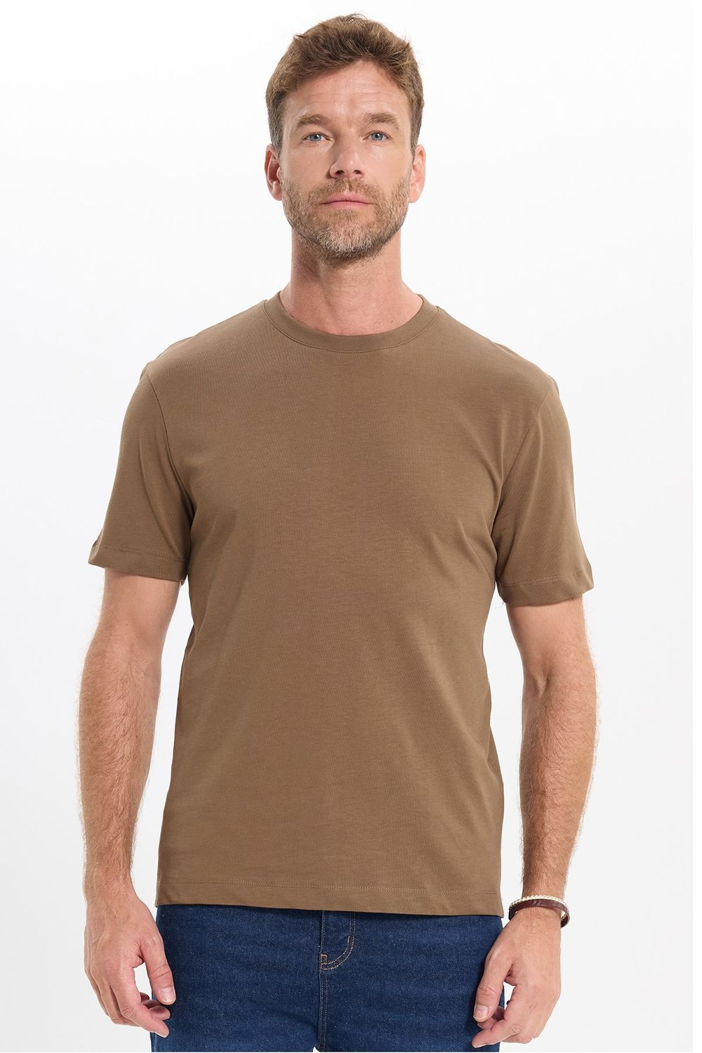 Unisex Regular Fit Rahat Kesim %100 Pamuk Bisiklet Yaka Kahverengi Tişört