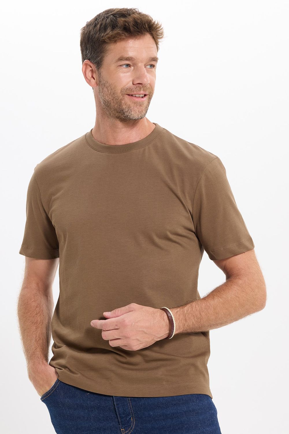 Unisex Regular Fit Rahat Kesim %100 Pamuk Bisiklet Yaka Kahverengi Tişört