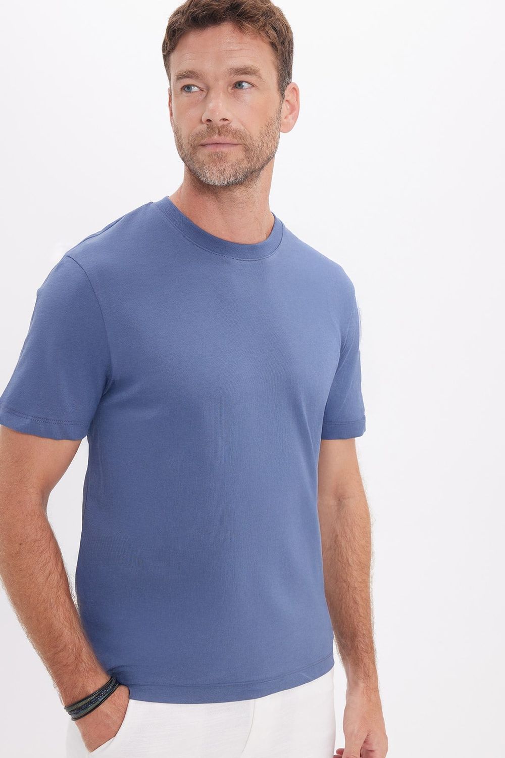 Unisex Regular Fit Rahat Kesim %100 Pamuk Bisiklet Yaka İndigo Tişört