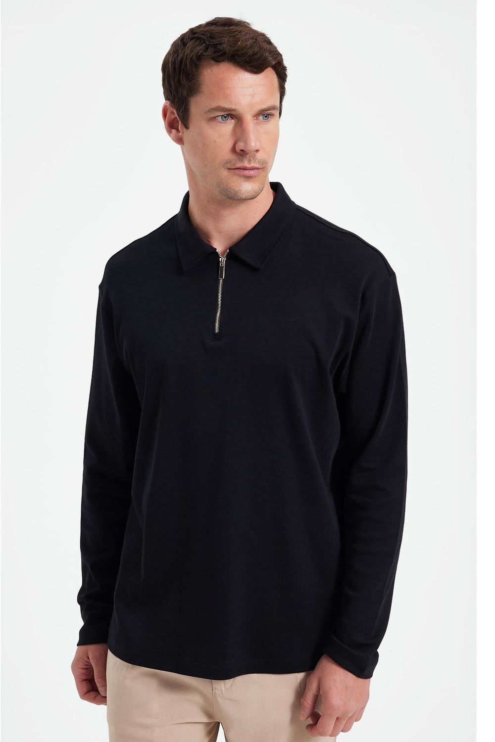 RELAX FIT POLO NECK HALF ZIPPER  LONG SLV T-SHIRT COTTON PLAIN