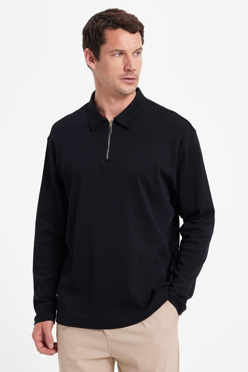 RELAX FIT POLO NECK HALF ZIPPER  LONG SLV T-SHIRT COTTON PLAIN