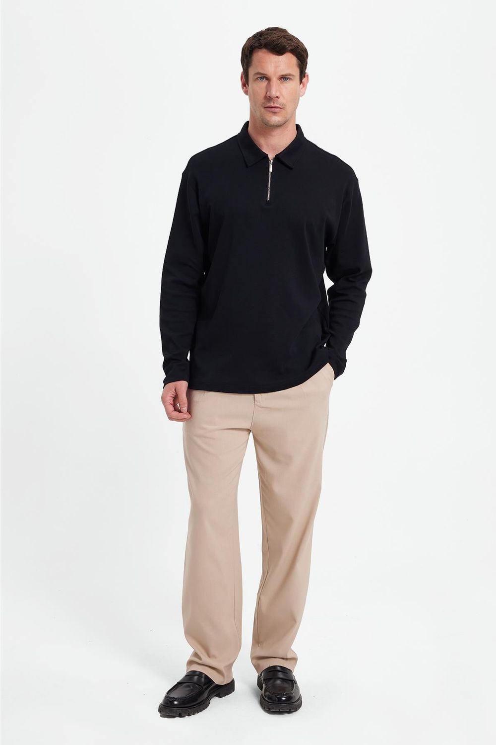 RELAX FIT POLO NECK HALF ZIPPER  LONG SLV T-SHIRT COTTON PLAIN