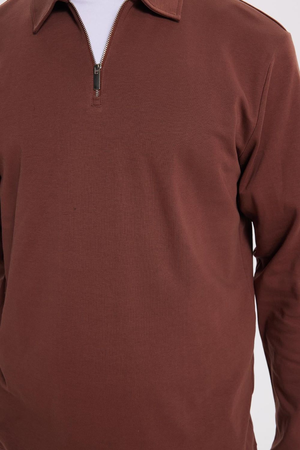 RELAX FIT POLO NECK HALF ZIPPER  LONG SLV T-SHIRT COTTON PLAIN