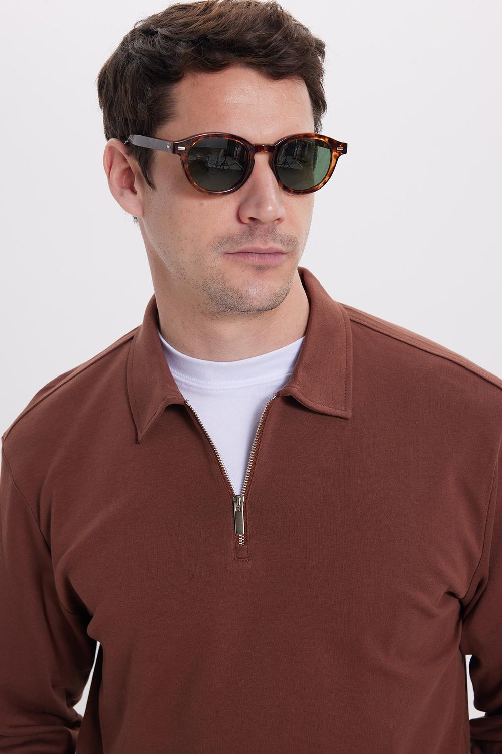 RELAX FIT POLO NECK HALF ZIPPER  LONG SLV T-SHIRT COTTON PLAIN