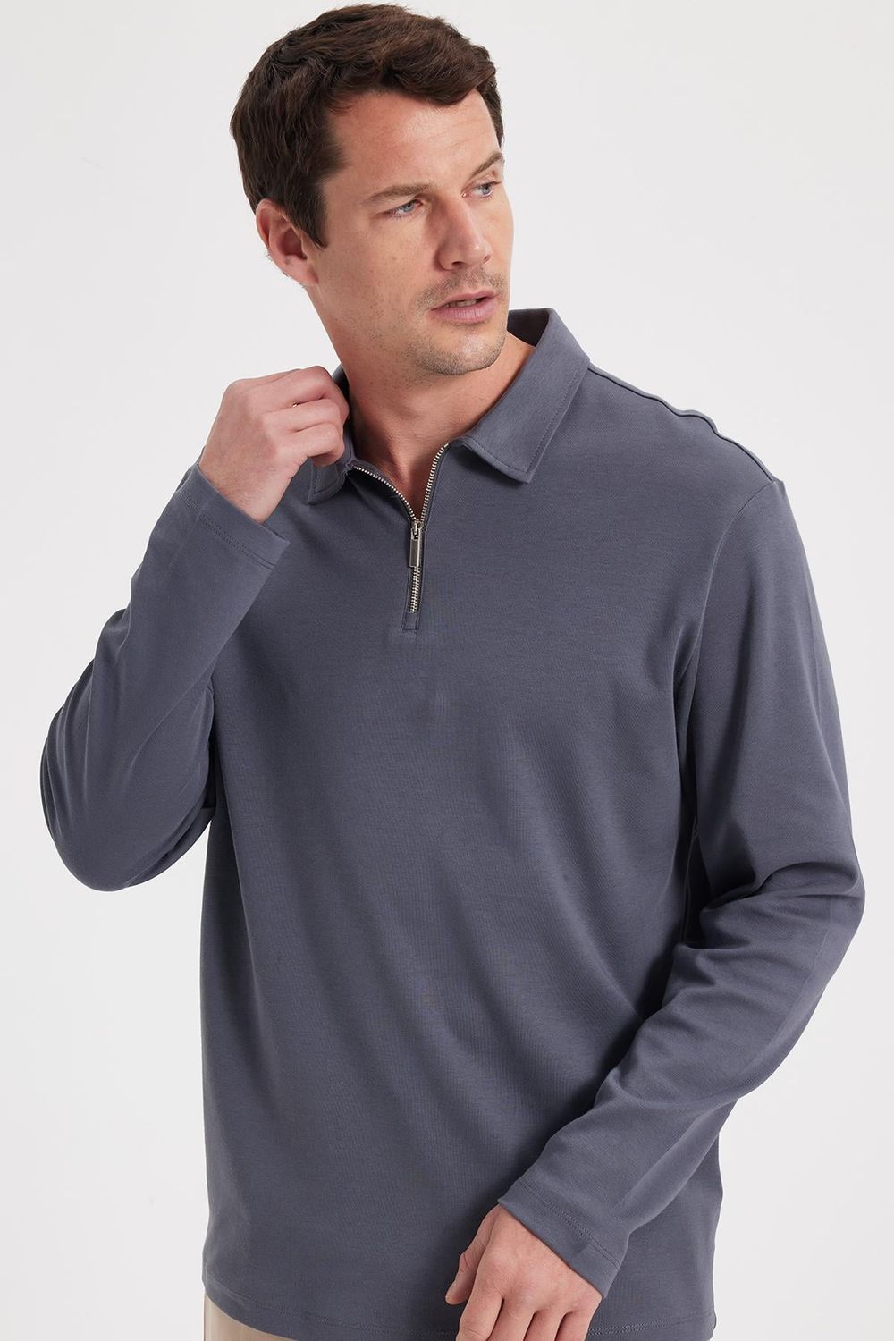 Erkek Relax Fit Rahat Kesim %100 Pamuk Yarım Fermuarlı Polo Yaka İnterlok Antrasit Sweatshirt