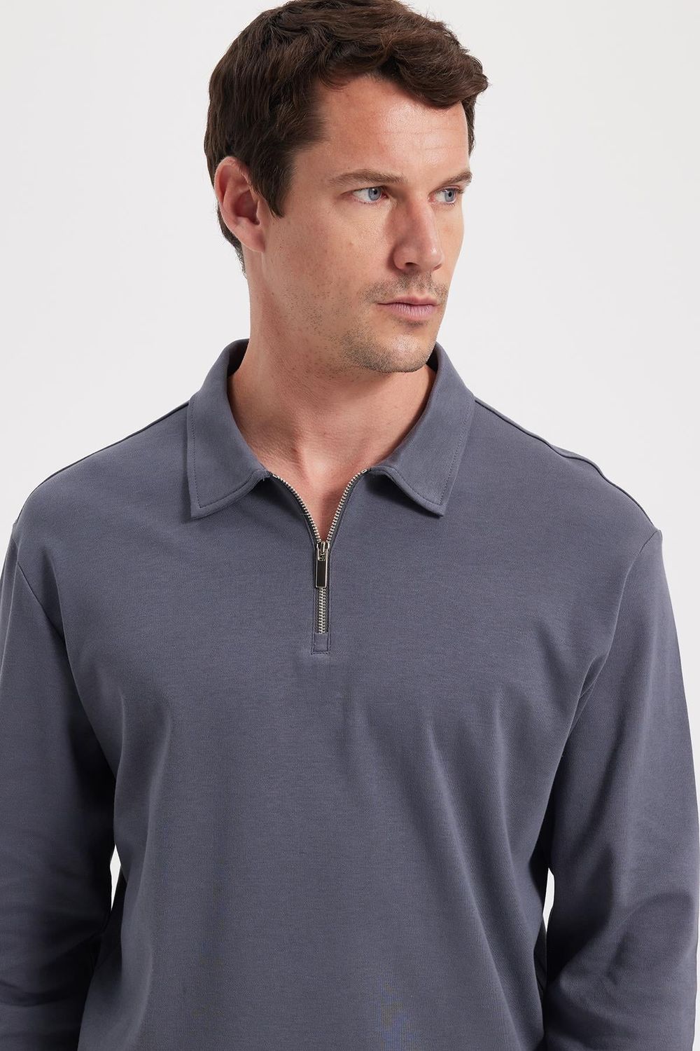 Erkek Relax Fit Rahat Kesim %100 Pamuk Yarım Fermuarlı Polo Yaka İnterlok Antrasit Sweatshirt