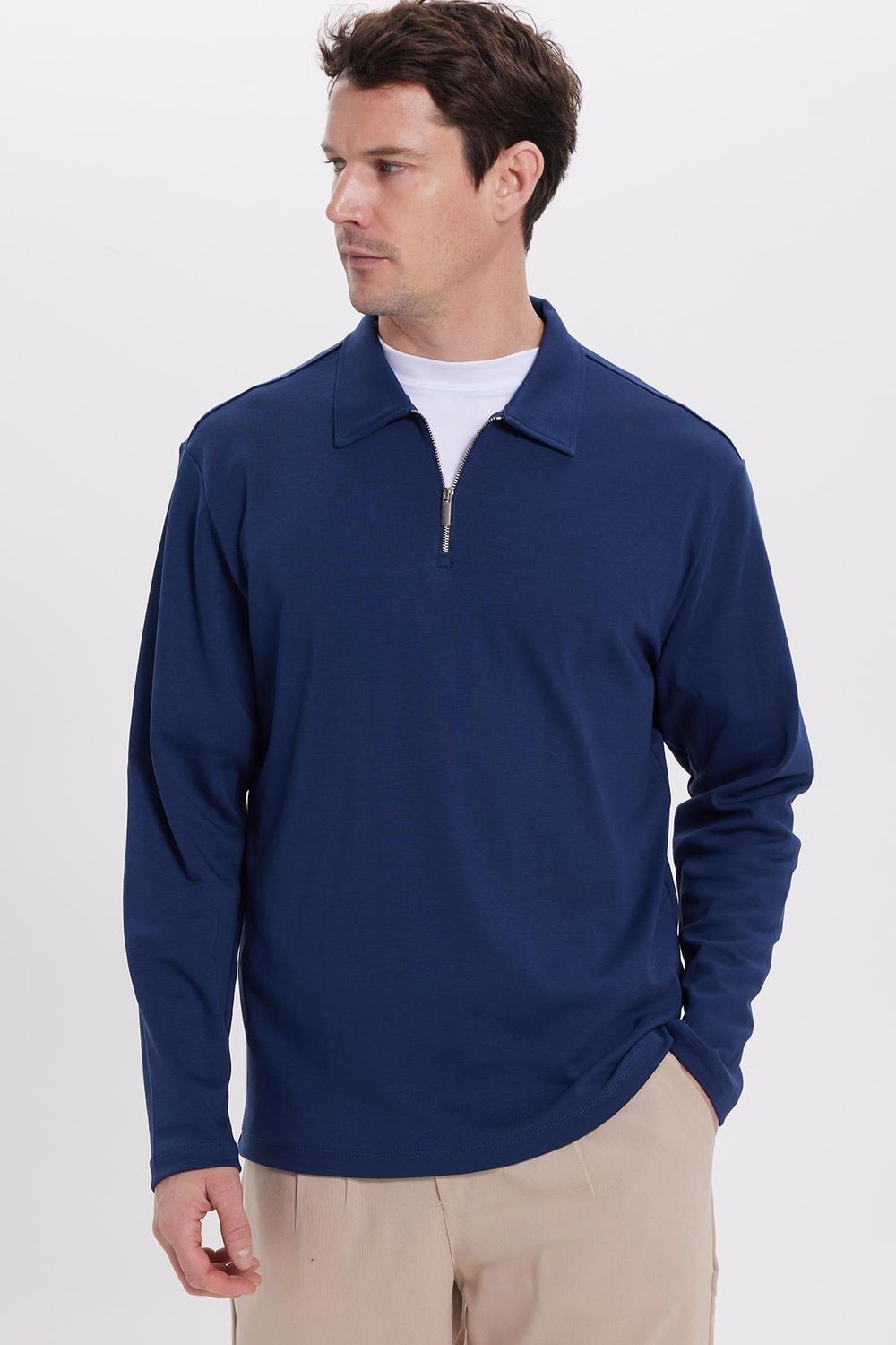 RELAX FIT POLO NECK HALF ZIPPER  LONG SLV T-SHIRT COTTON PLAIN