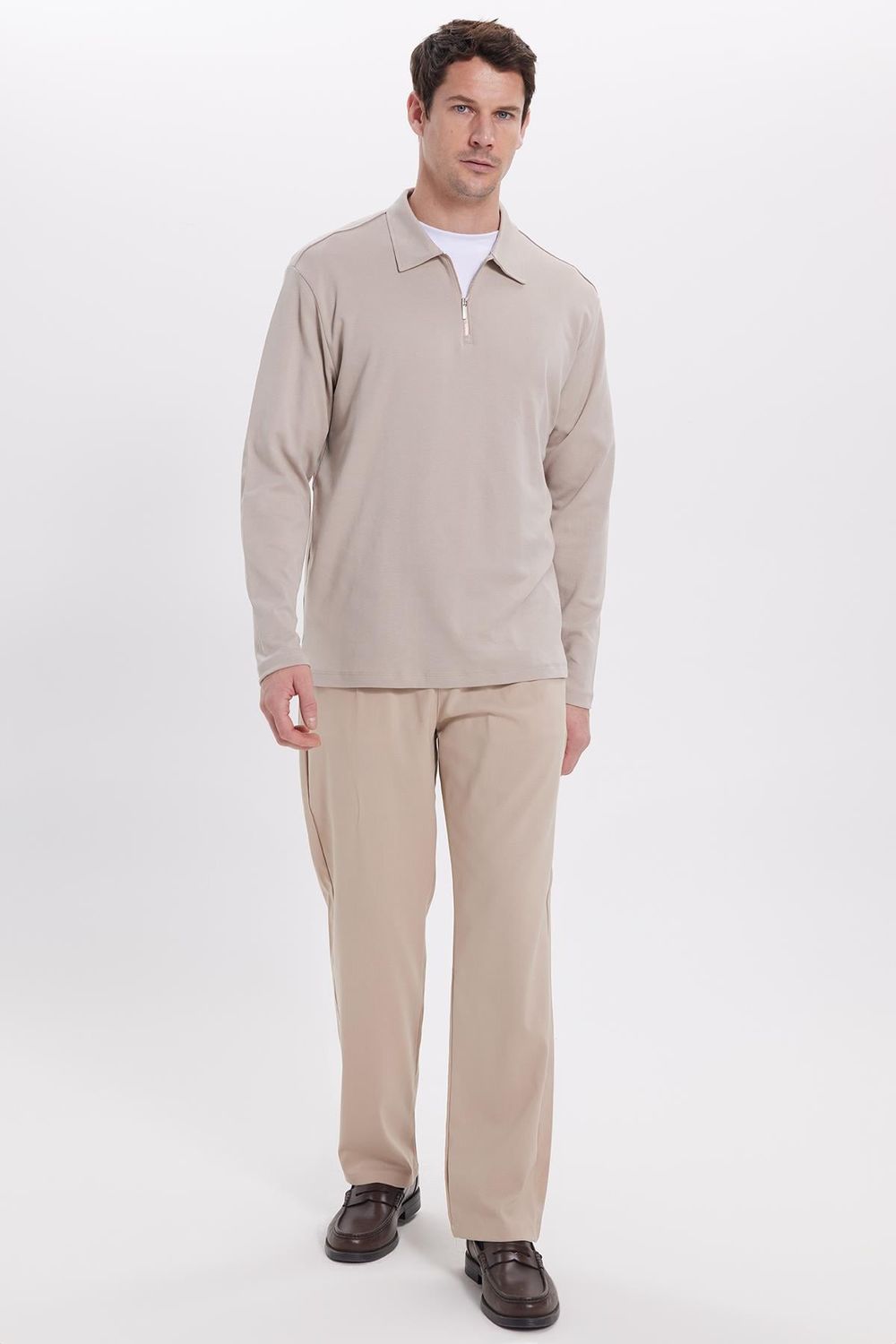 RELAX FIT POLO NECK HALF ZIPPER  LONG SLV T-SHIRT COTTON PLAIN
