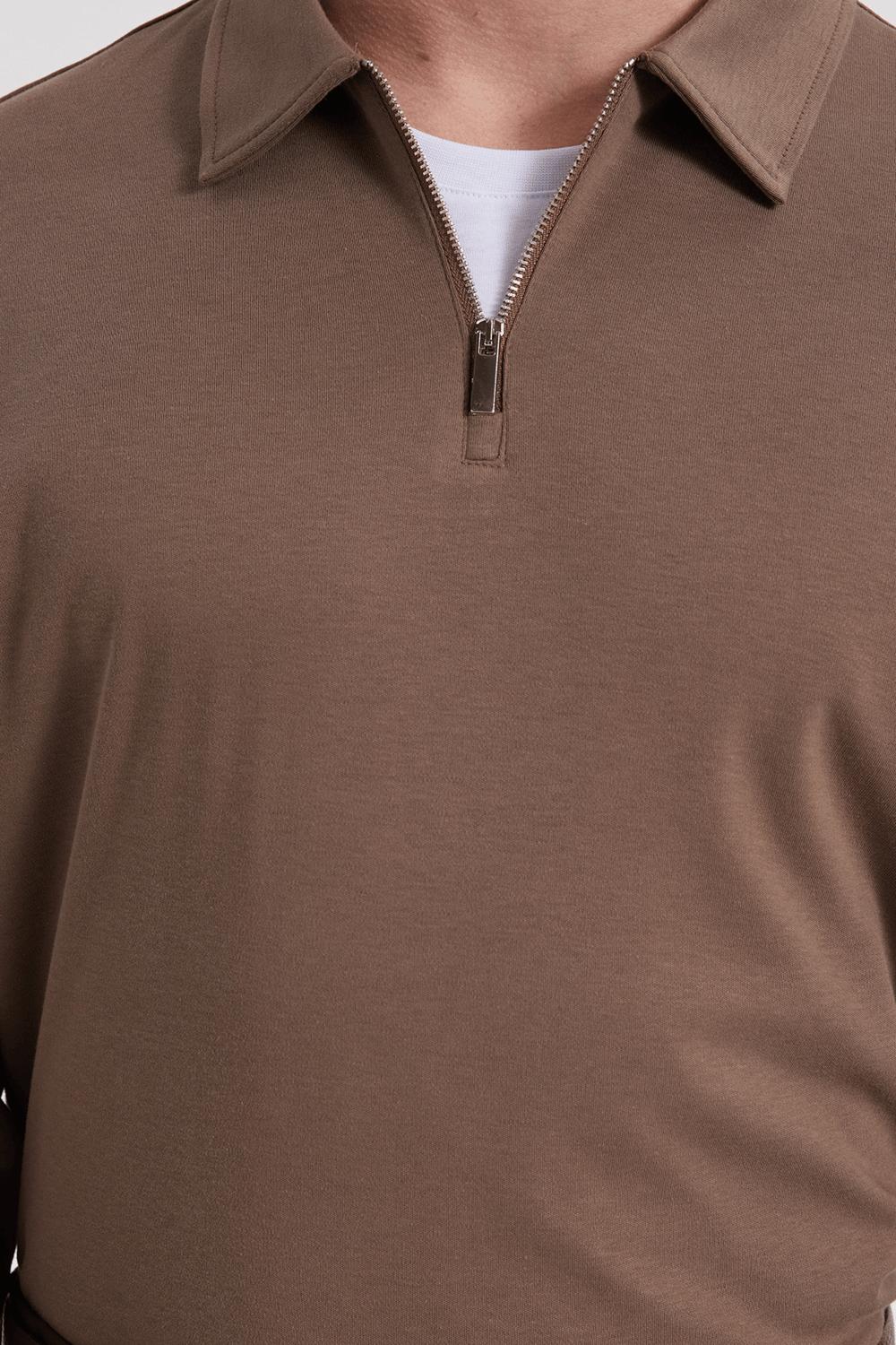 Erkek Relax Fit Rahat Kesim %100 Pamuk Yarım Fermuarlı Polo Yaka İnterlok Koyu Vizon Sweatshirt