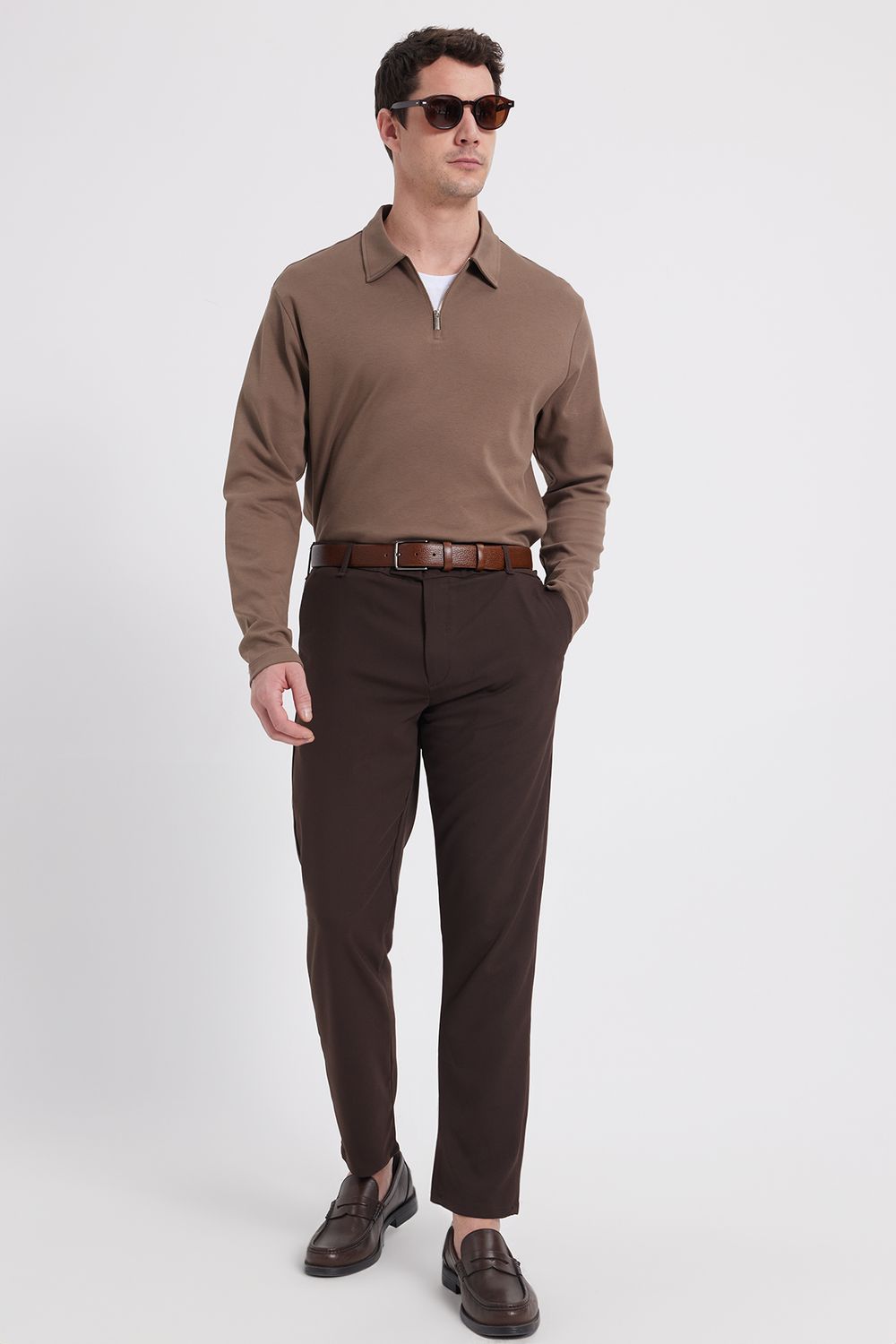 Erkek Relax Fit Rahat Kesim %100 Pamuk Yarım Fermuarlı Polo Yaka İnterlok Koyu Vizon Sweatshirt