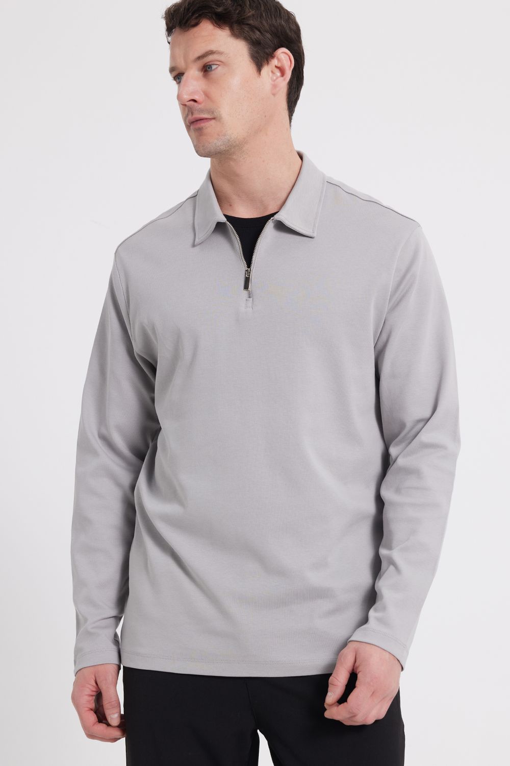 Erkek Relax Fit Rahat Kesim %100 Pamuk Yarım Fermuarlı Polo Yaka İnterlok Gri Sweatshirt