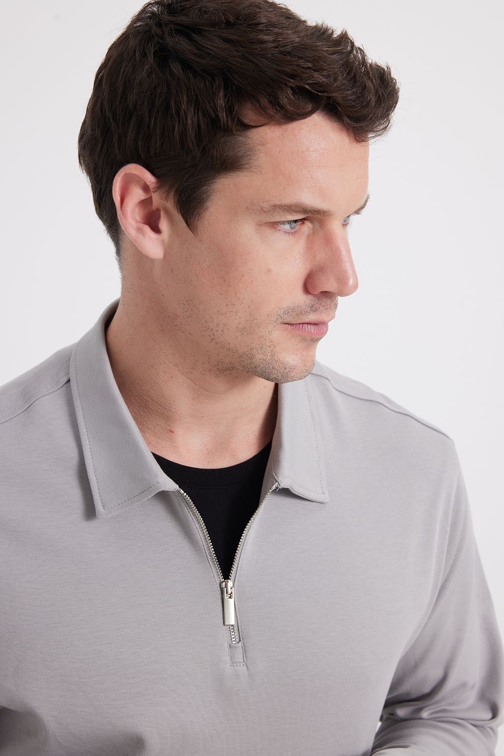 Erkek Relax Fit Rahat Kesim %100 Pamuk Yarım Fermuarlı Polo Yaka İnterlok Gri Sweatshirt