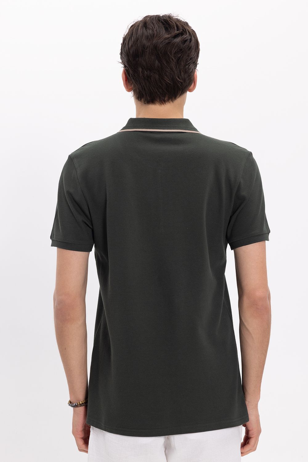 Erkek Slim Fit Dar Kesim %100 Pamuk Kısa Kollu Yarım Fermuarlı Yeşil Polo Yaka Tişört