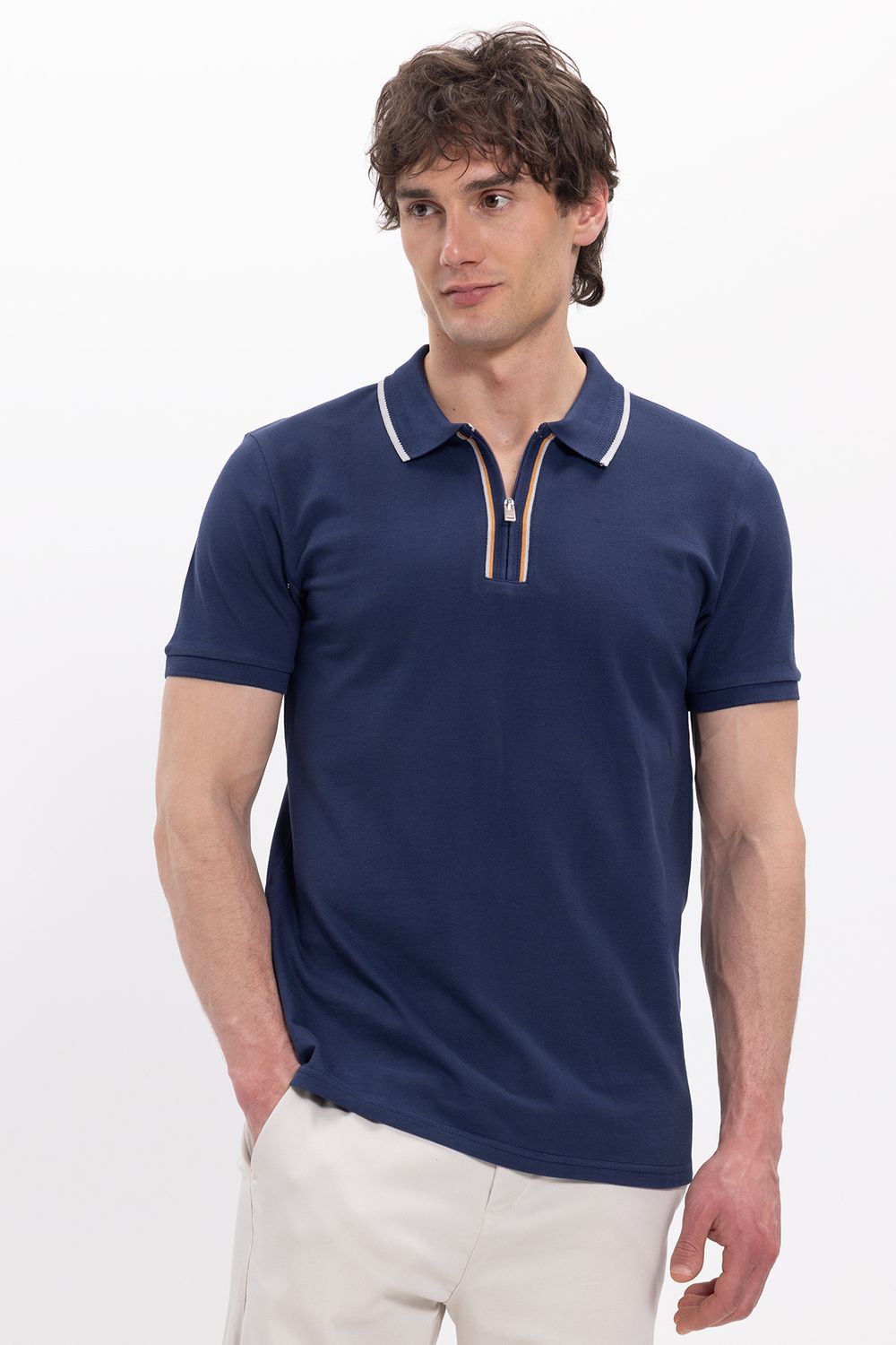 Erkek Slim Fit Dar Kesim %100 Pamuk Kısa Kollu Yarım Fermuarlı Lacivert Polo Yaka Tişört
