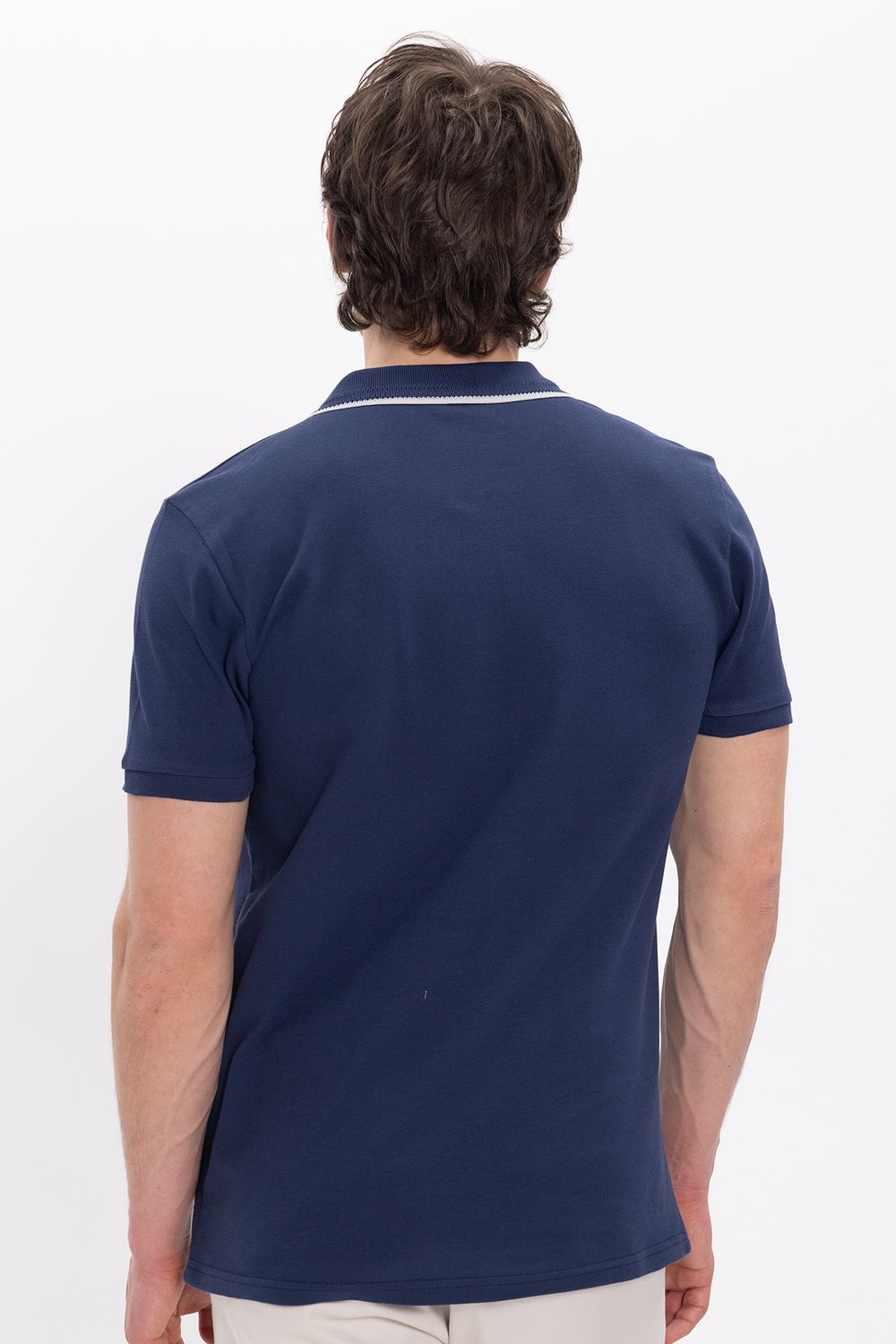 Erkek Slim Fit Dar Kesim %100 Pamuk Kısa Kollu Yarım Fermuarlı Lacivert Polo Yaka Tişört